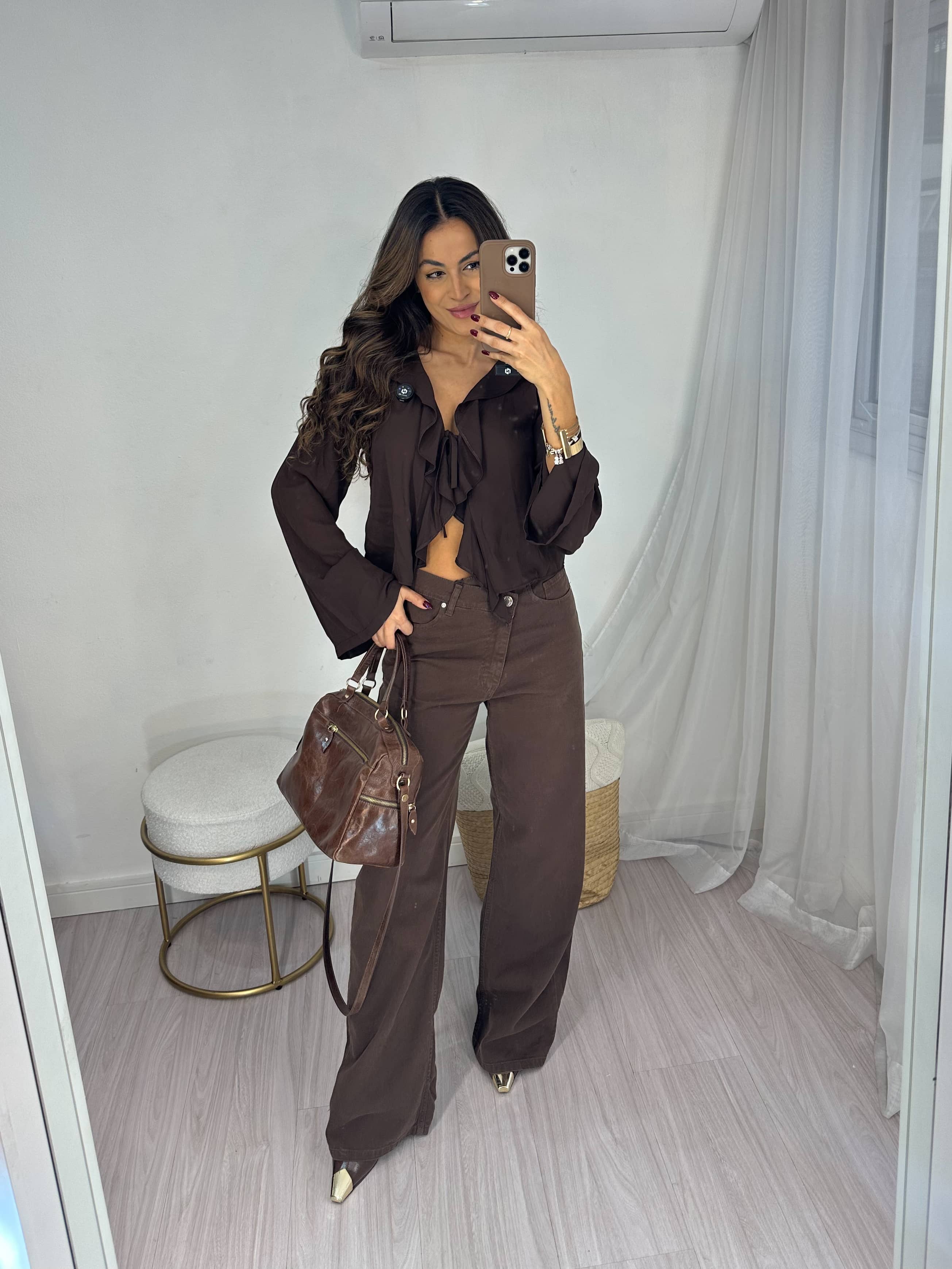 Calça Wide Leg Cós Transversal Marrom Maju