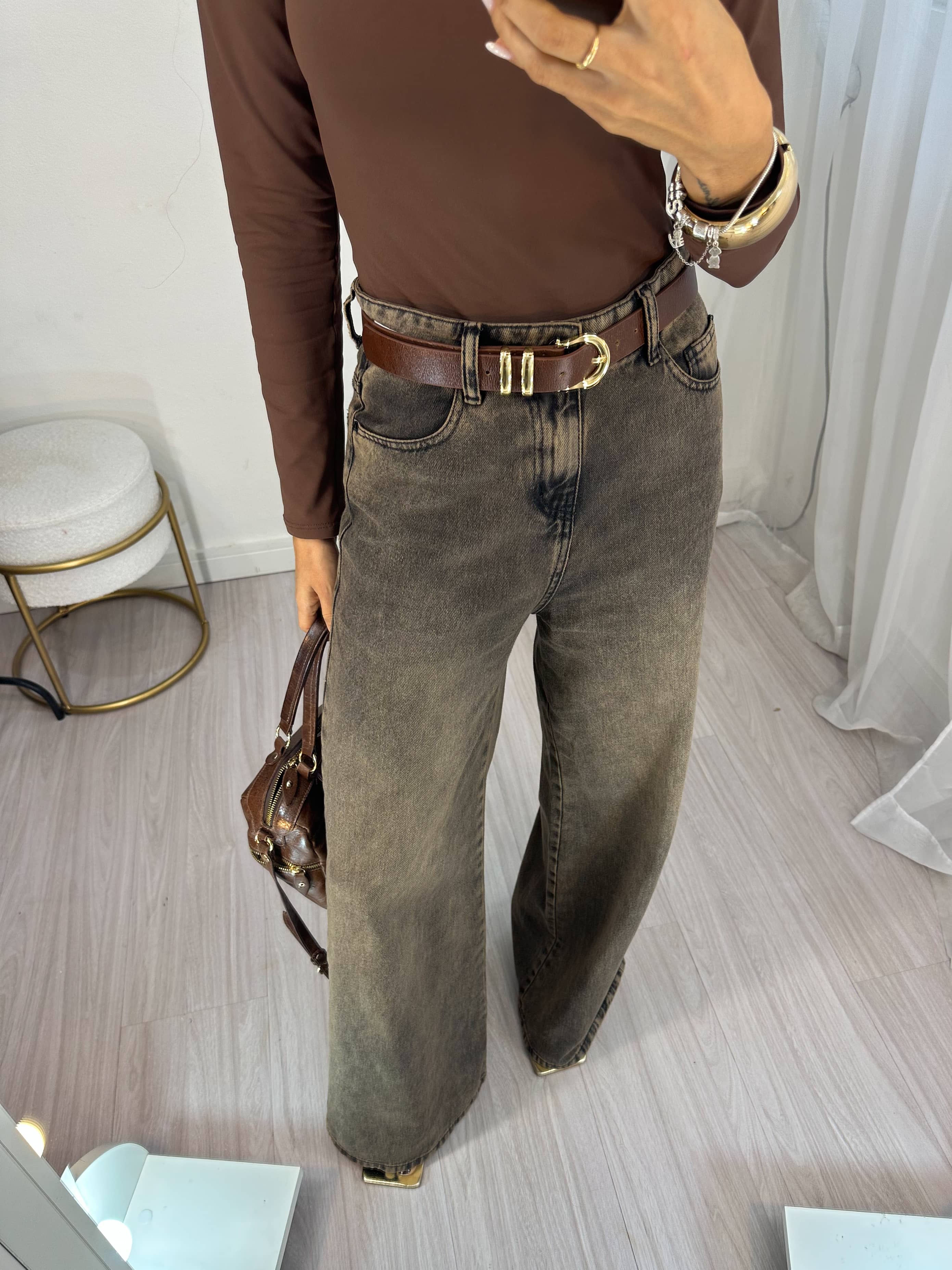 Calça Jeans Wide Leg Marrom Estonado Kelly