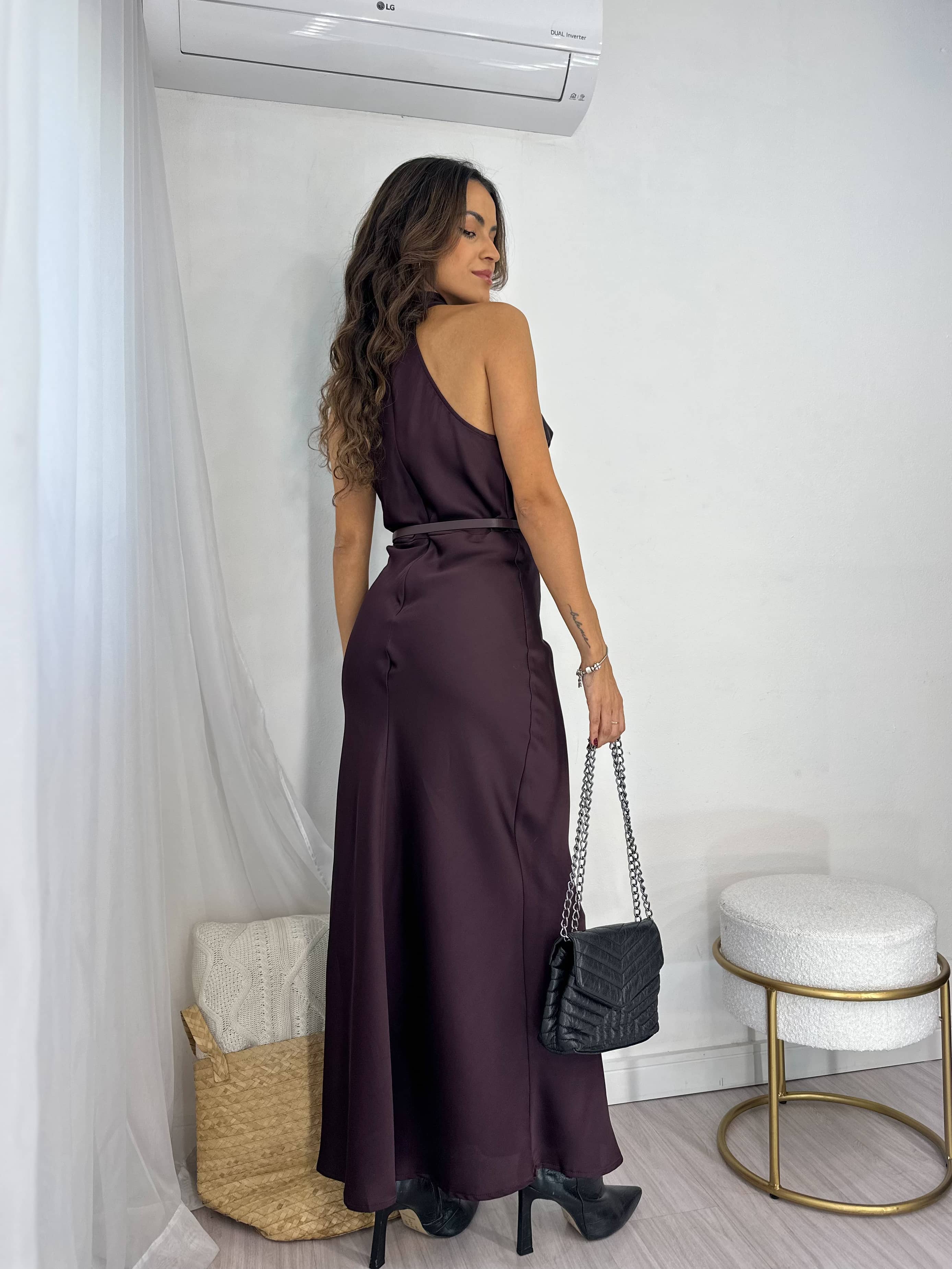 Vestido Midi Acetinado Vinho Maria