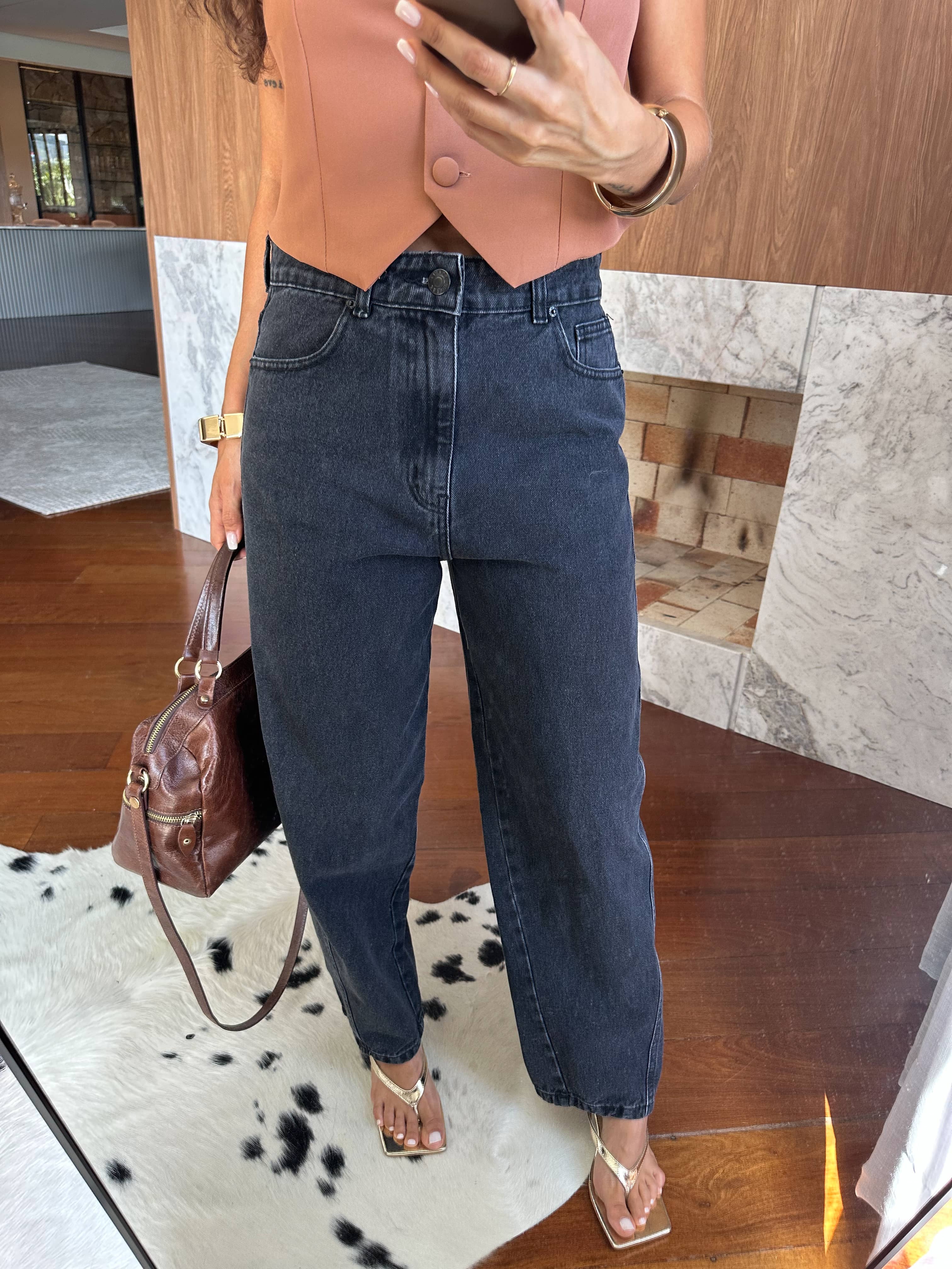Calça Barrel Jeans Preta Lyra