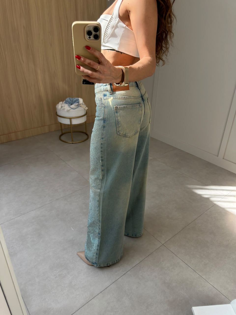 Calça Wide Leg Jeans Strass Talia