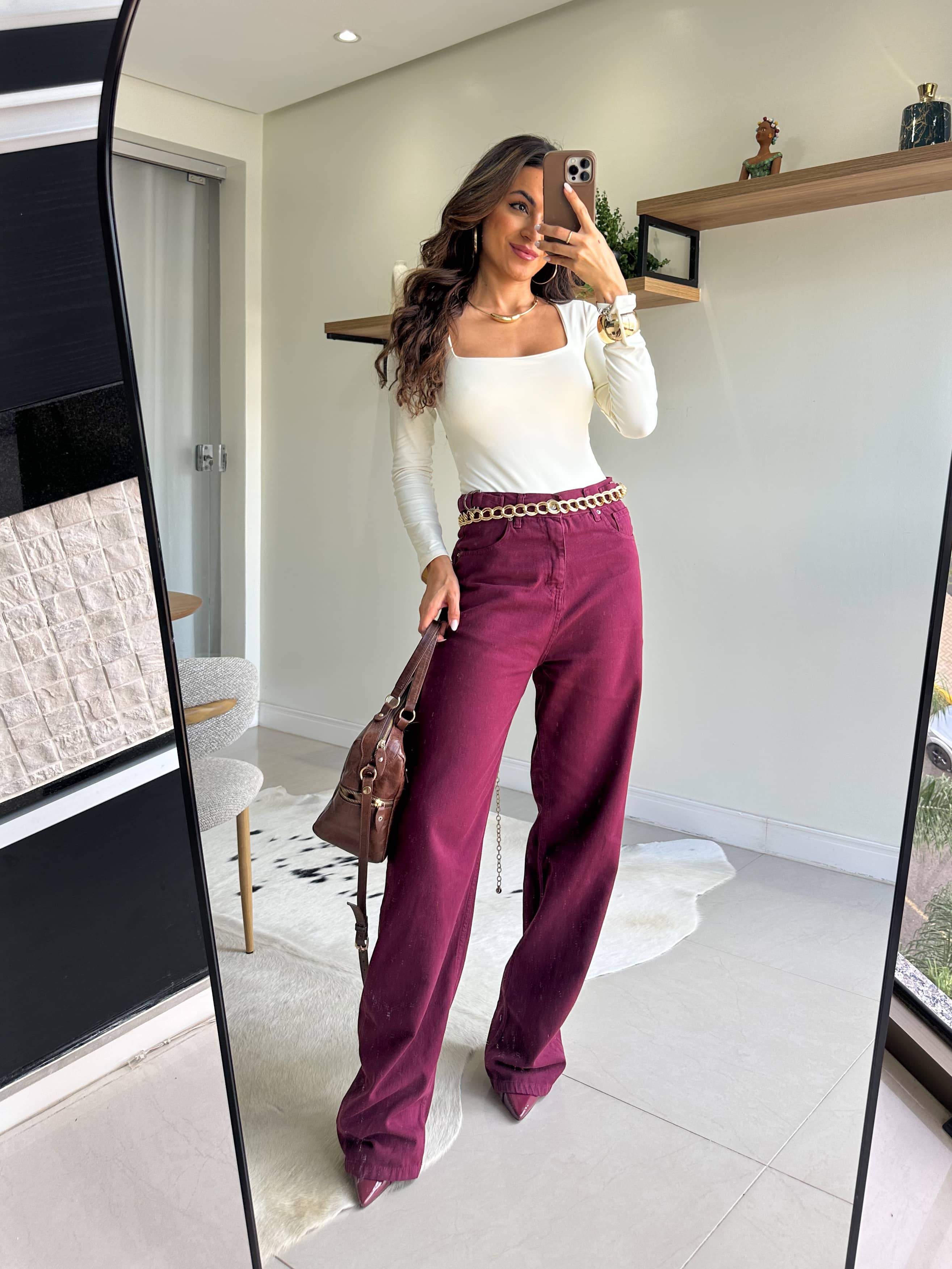 Calça Wide Leg Jeans Vinho Bel