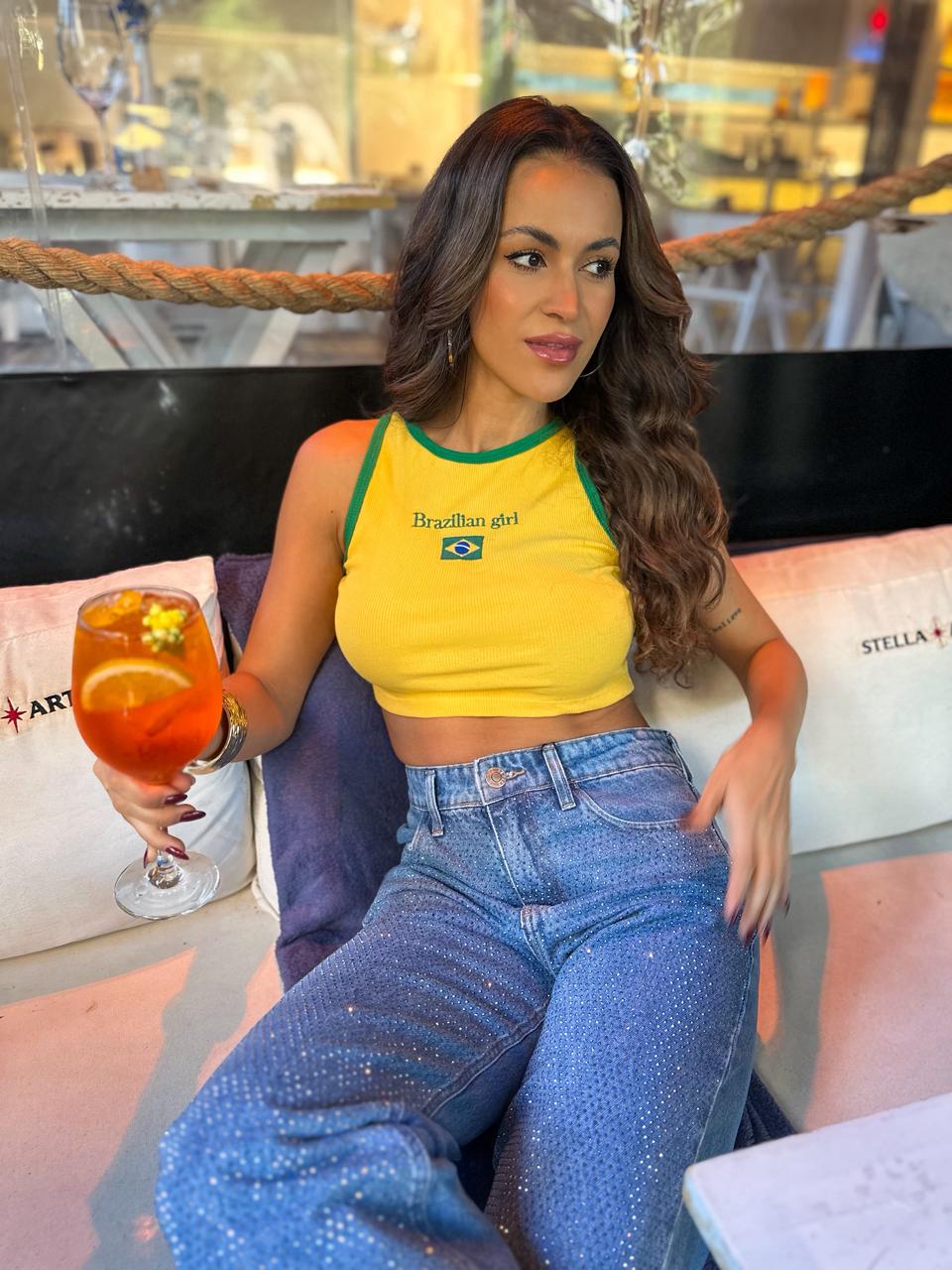 Cropped Canelado Amarelo Brasil