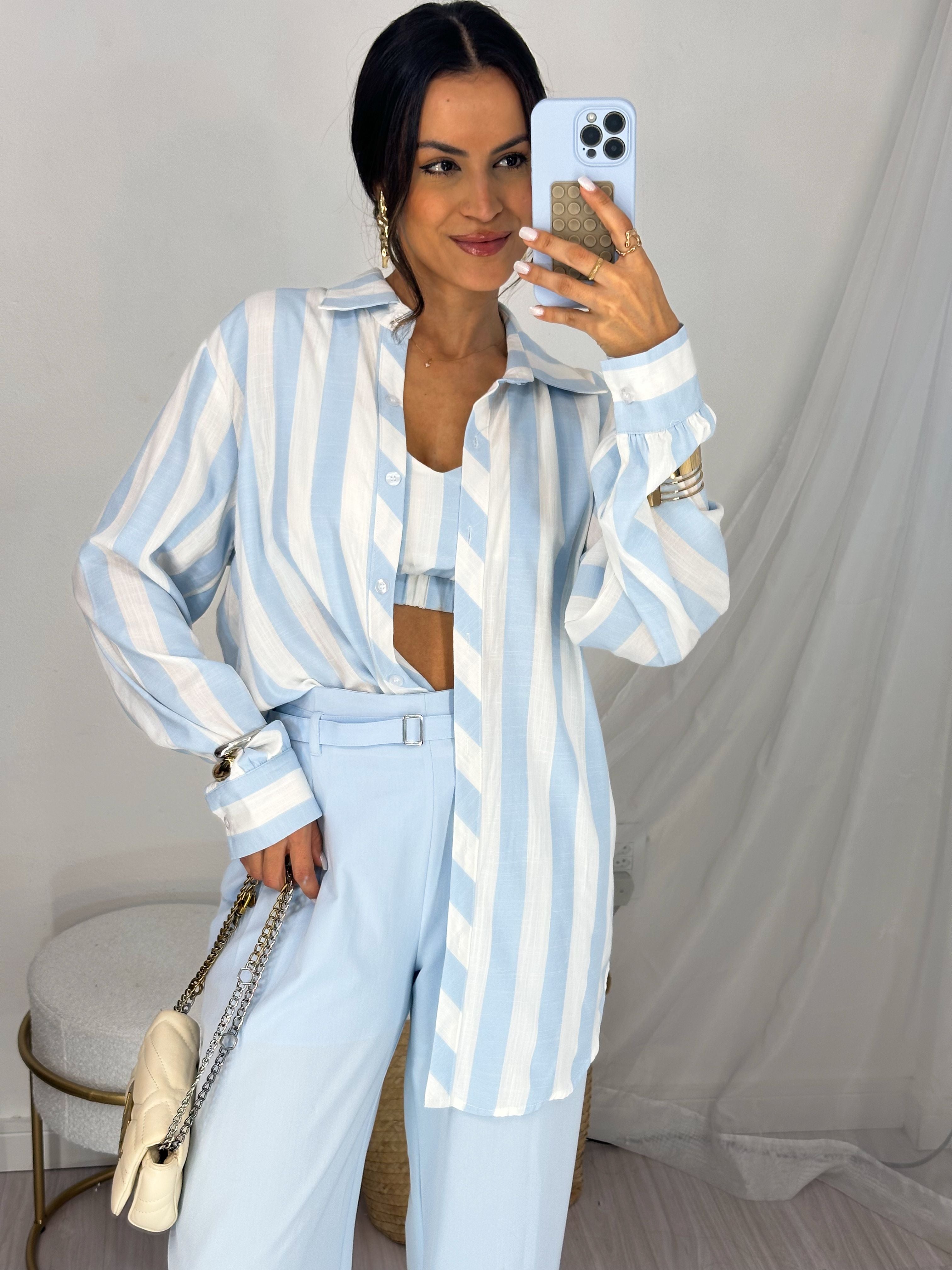 Conjunto Camisa e Cropped Rany Azul