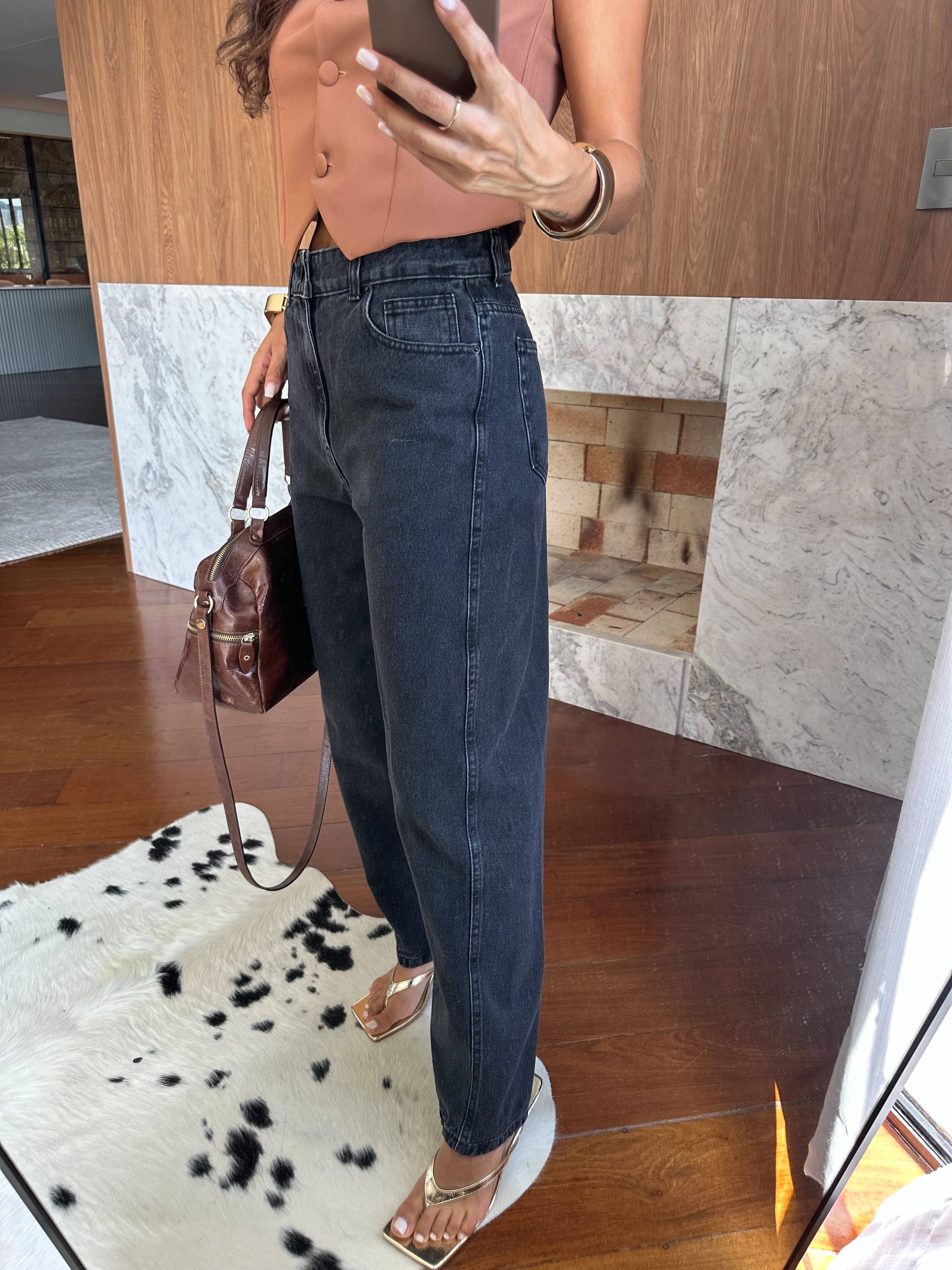 Calça Barrel Jeans Preta Lyra