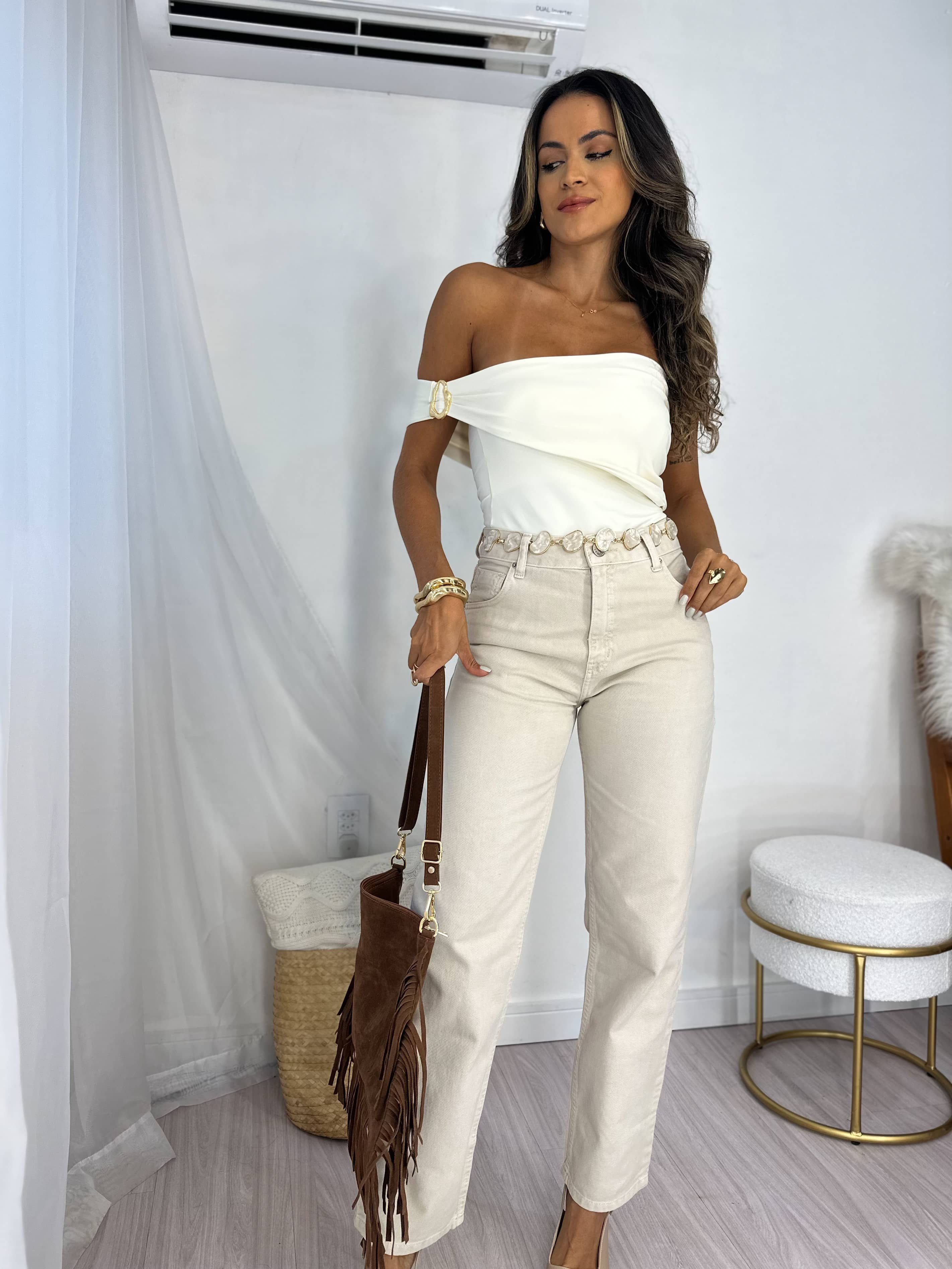 Calça Reta Jeans Areia Jany