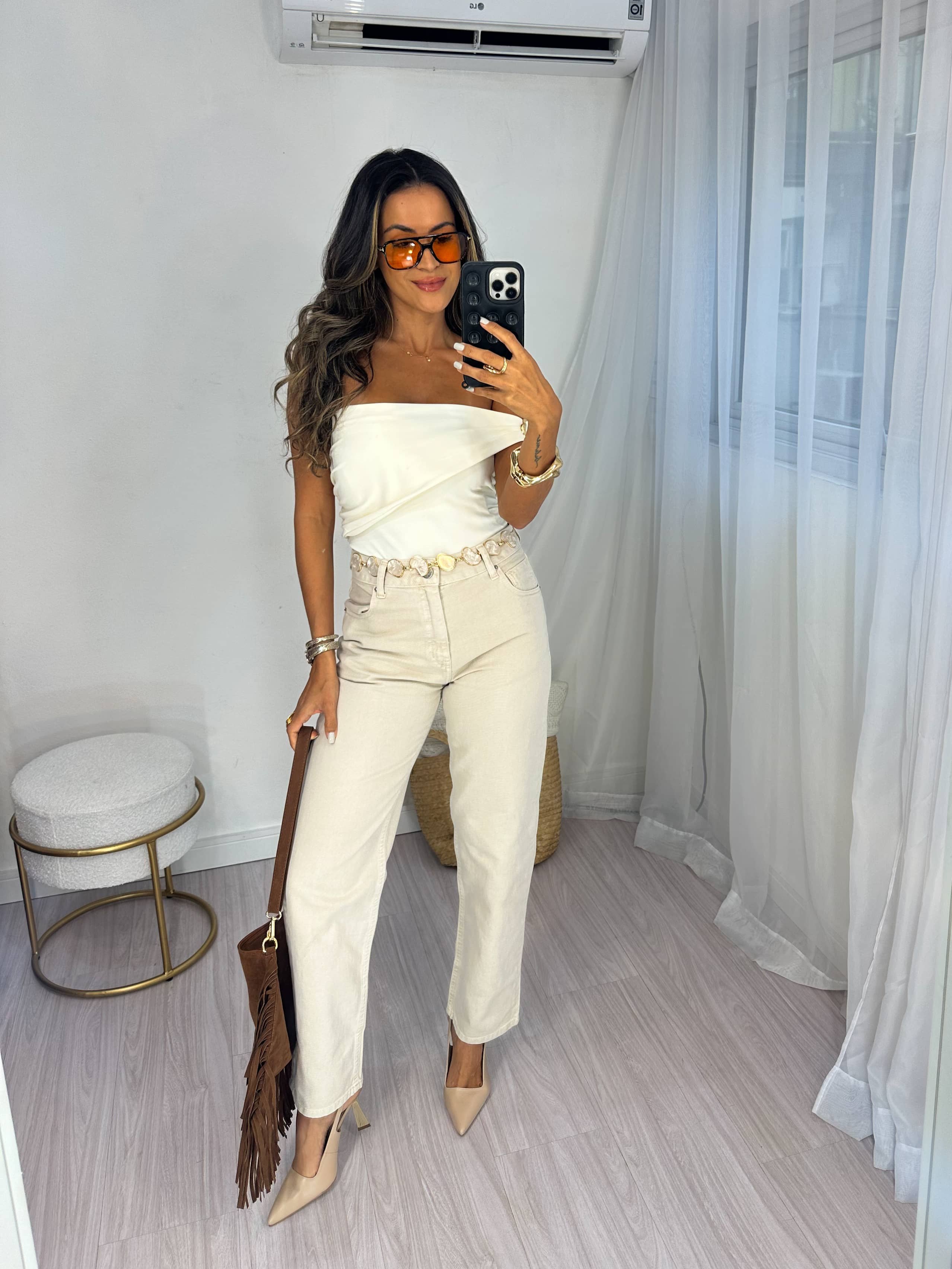 Calça Reta Jeans Areia Jany