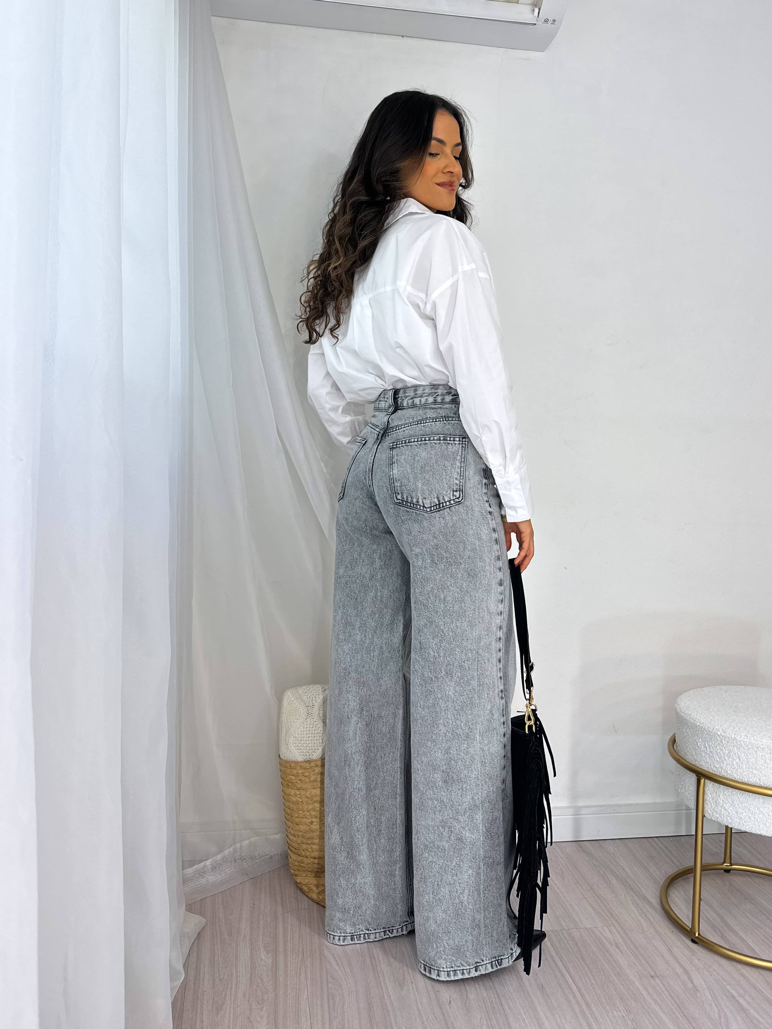 Calça Wide Leg Jeans Cinza Estonada Kendal