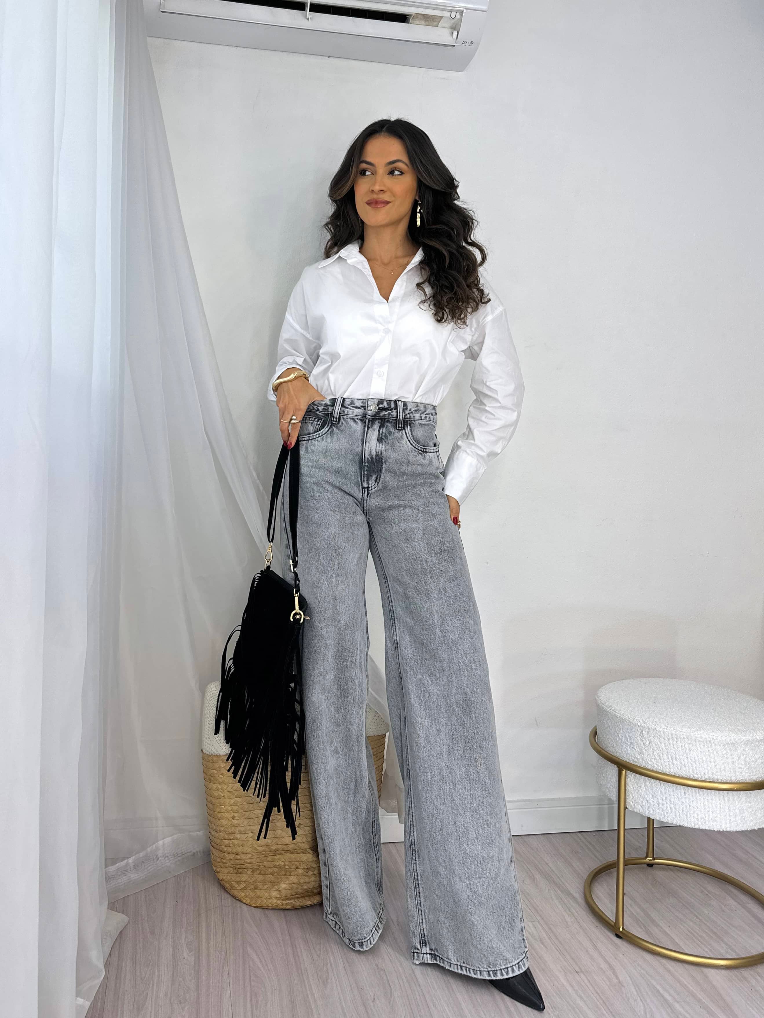 Calça Wide Leg Jeans Cinza Estonada Kendal