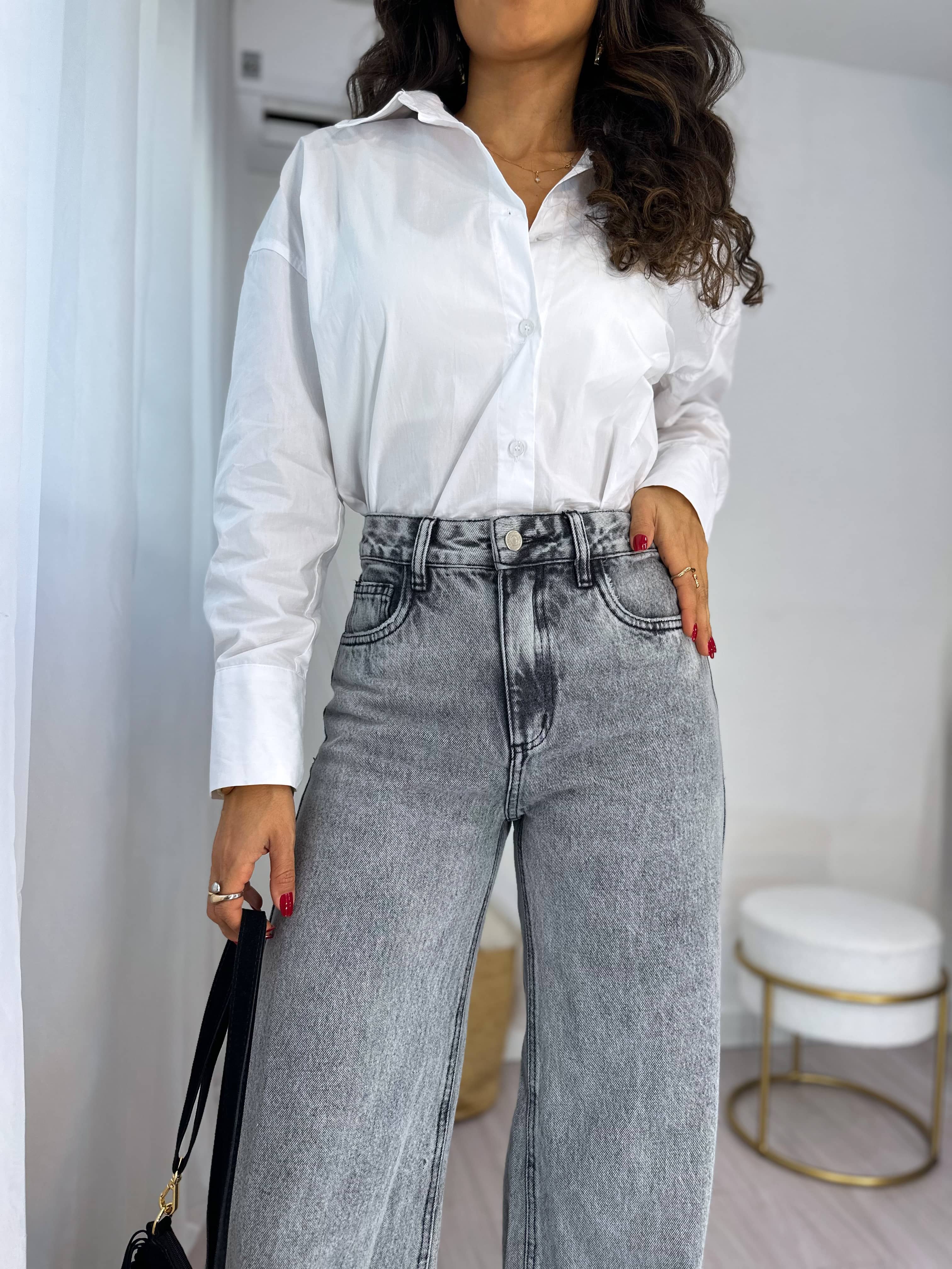 Calça Wide Leg Jeans Cinza Estonada Kendal