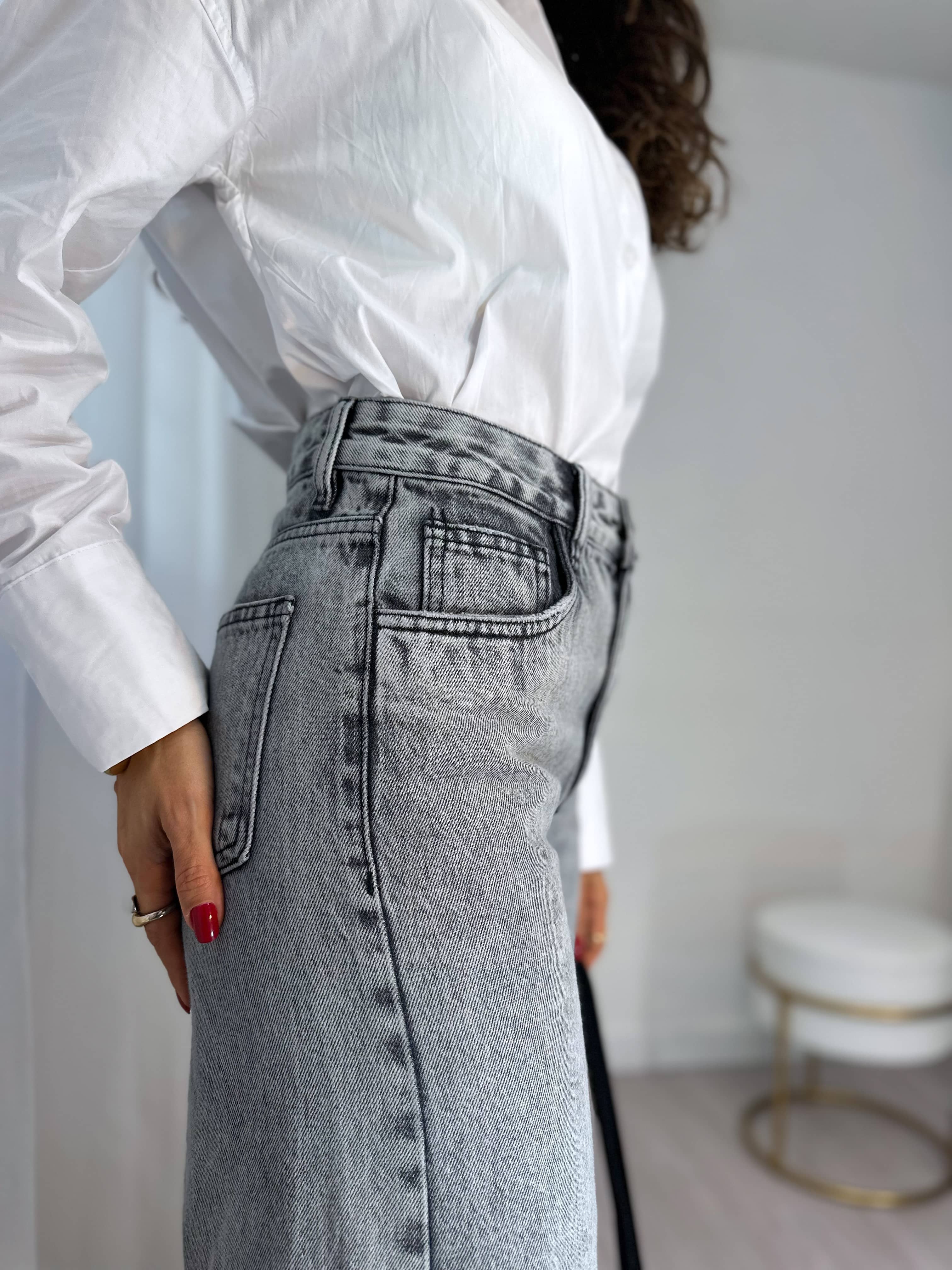 Calça Wide Leg Jeans Cinza Estonada Kendal