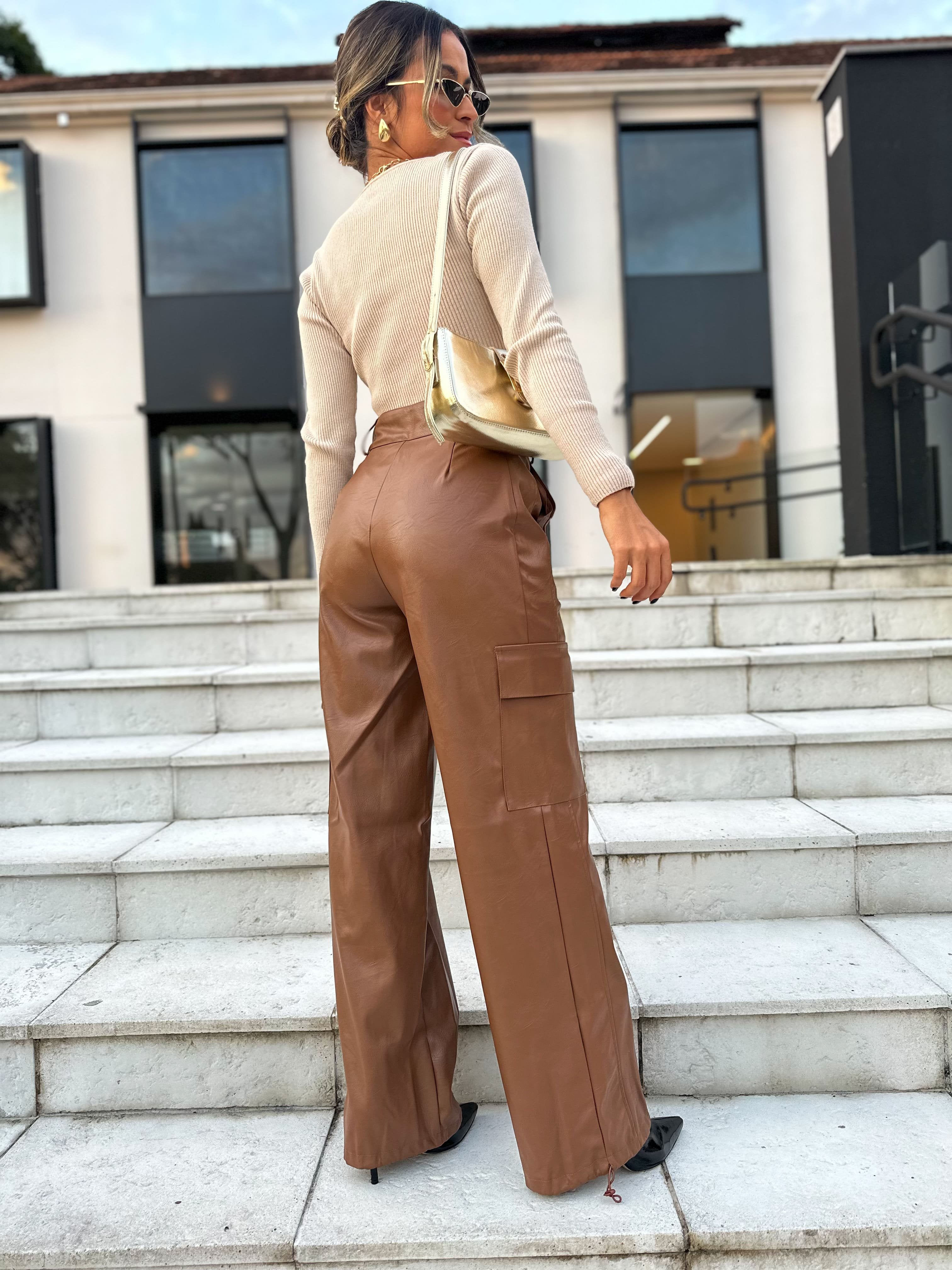 Calça Wide Leg Cargo Marrom Marwi