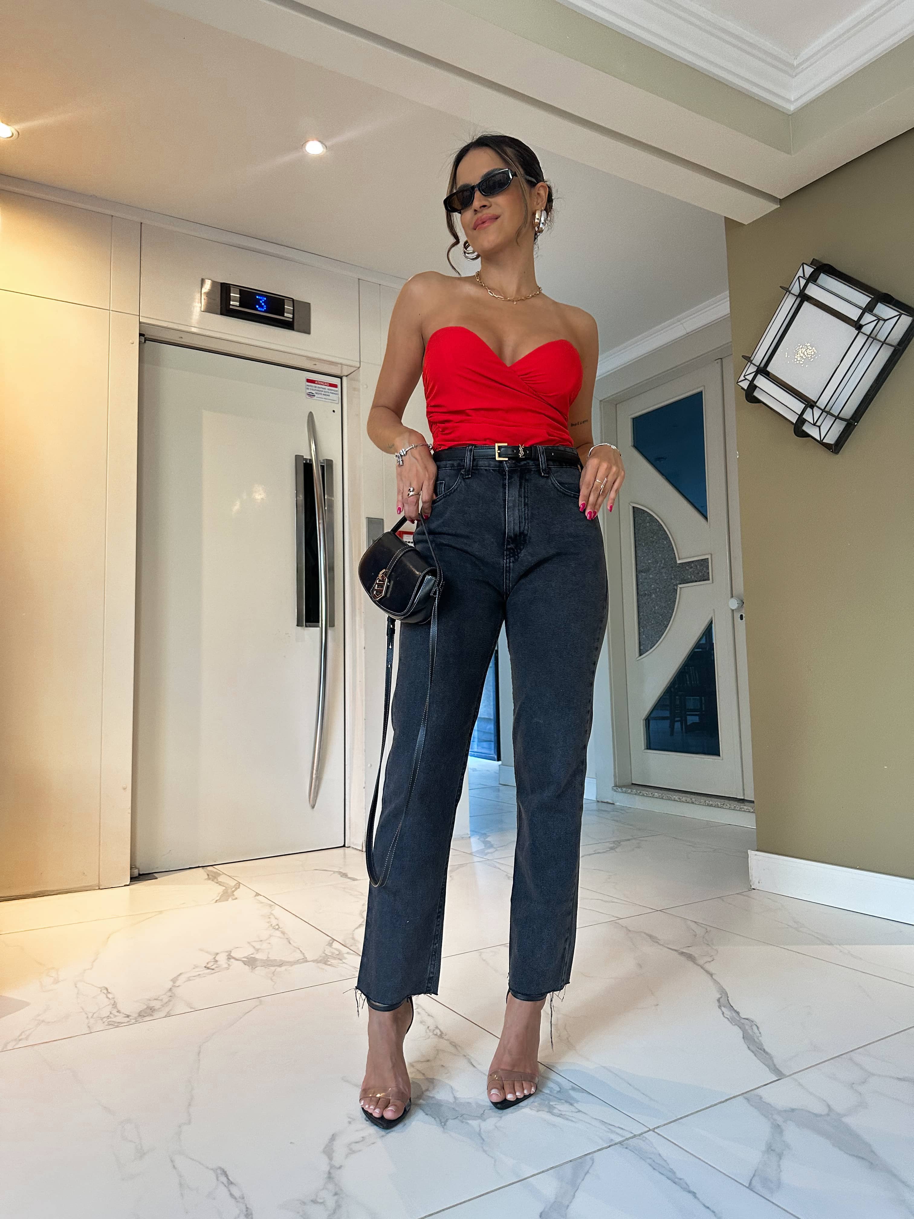 Calça Reta Jeans Mily Preta Estonada