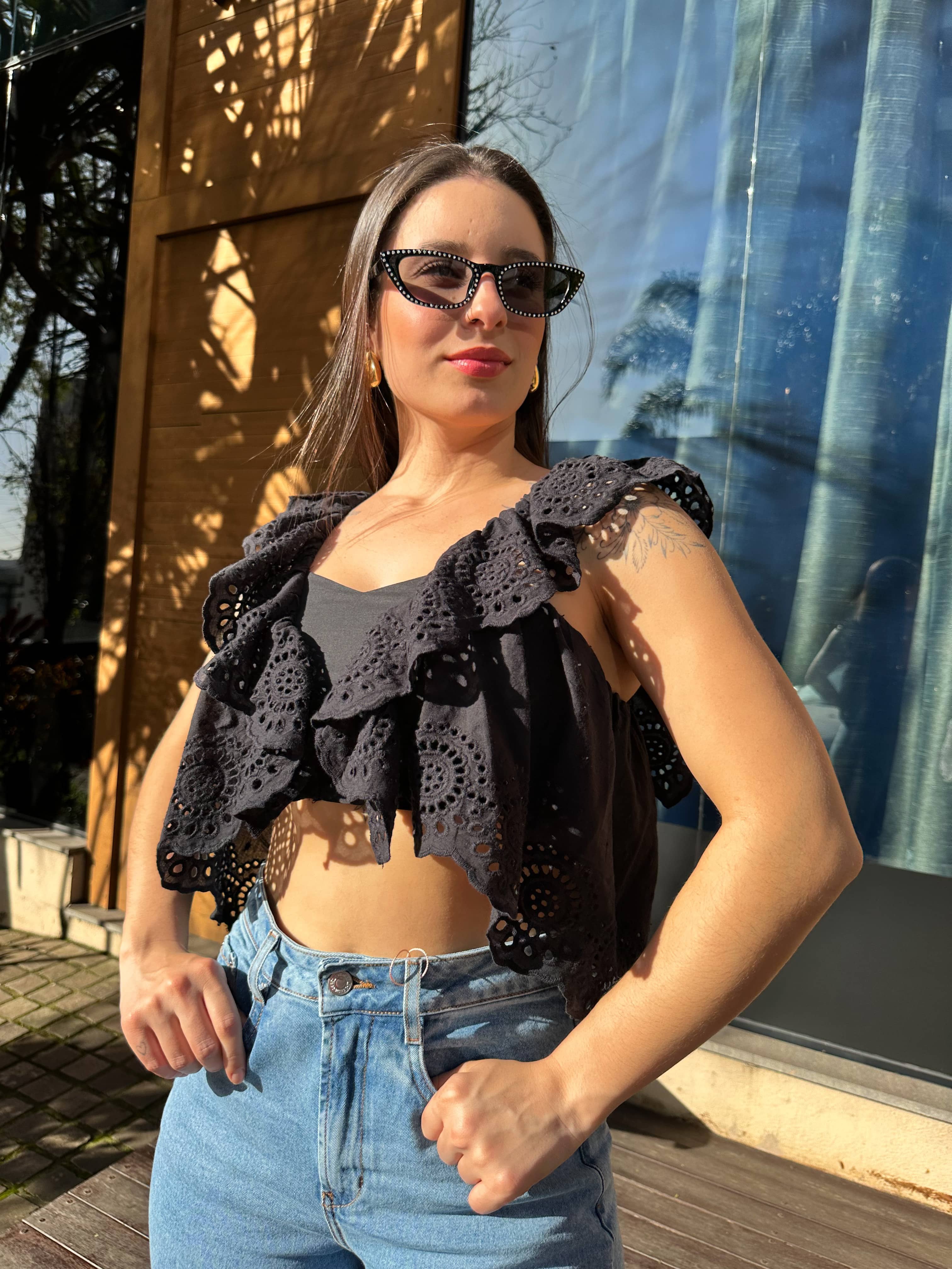 Cropped Broderi Mykonos Preto