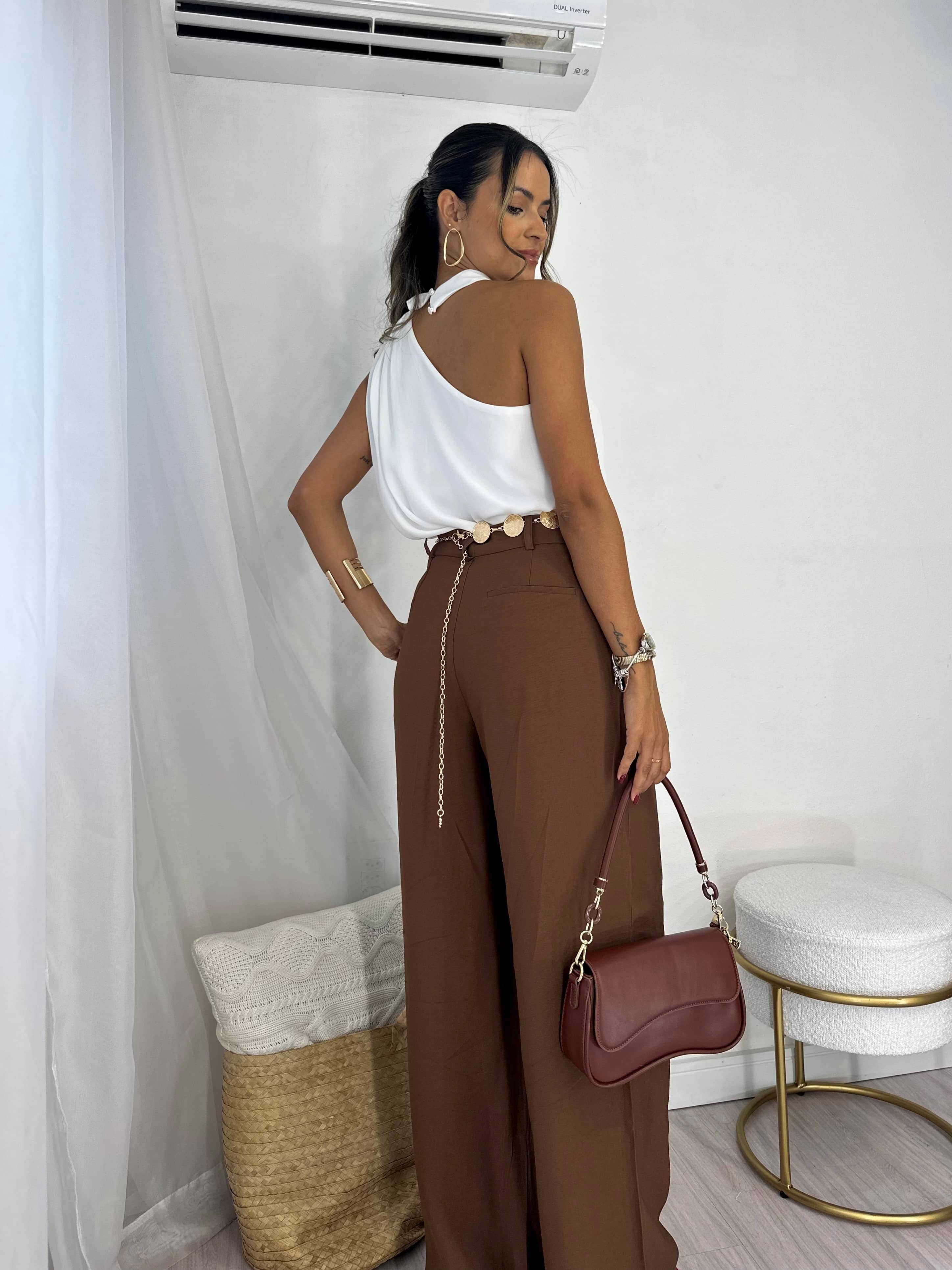 Calça Wide Leg Alfaiataria Marrom Zola