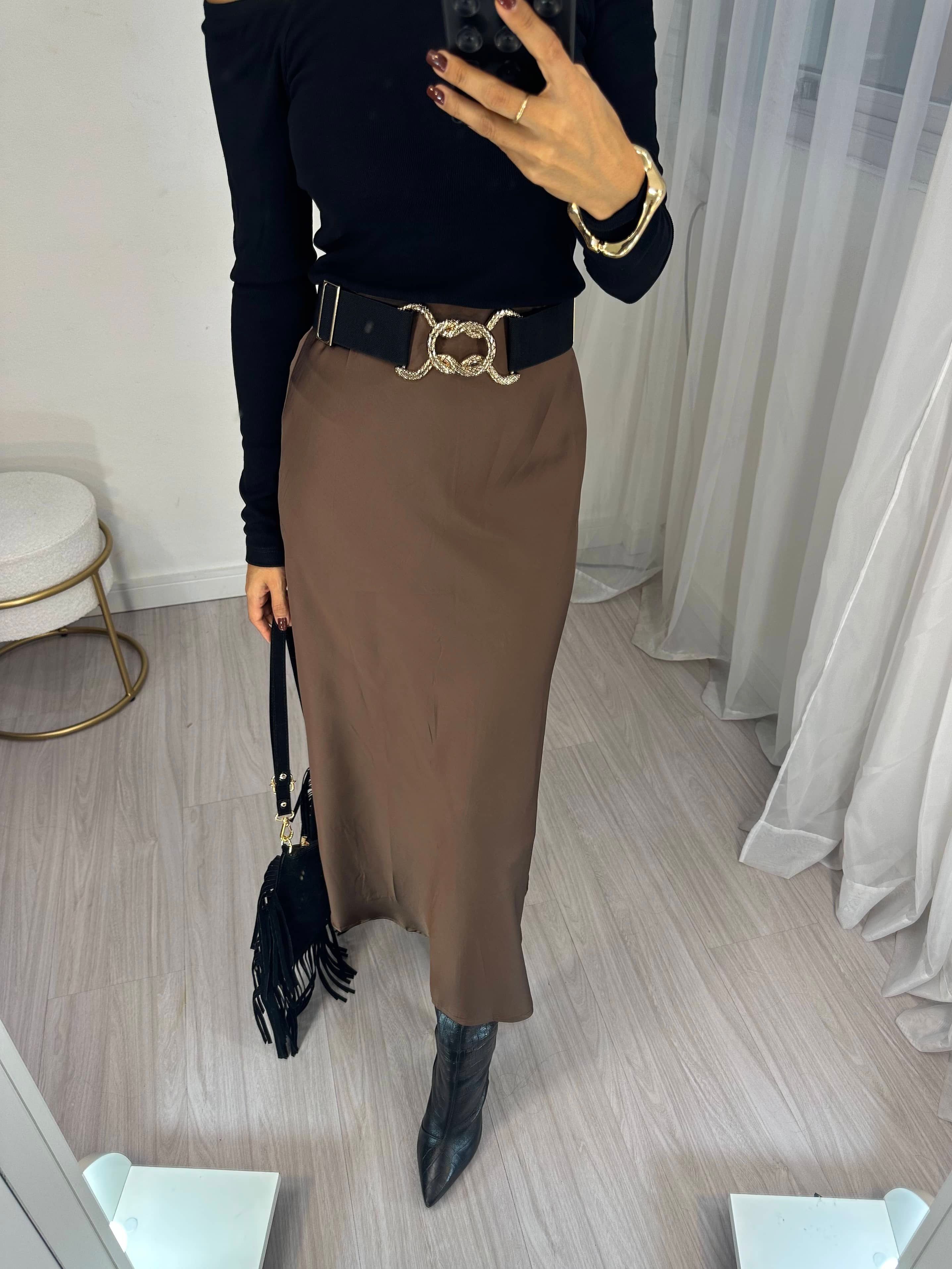 Saia Midi Acetinada Marrom Velma