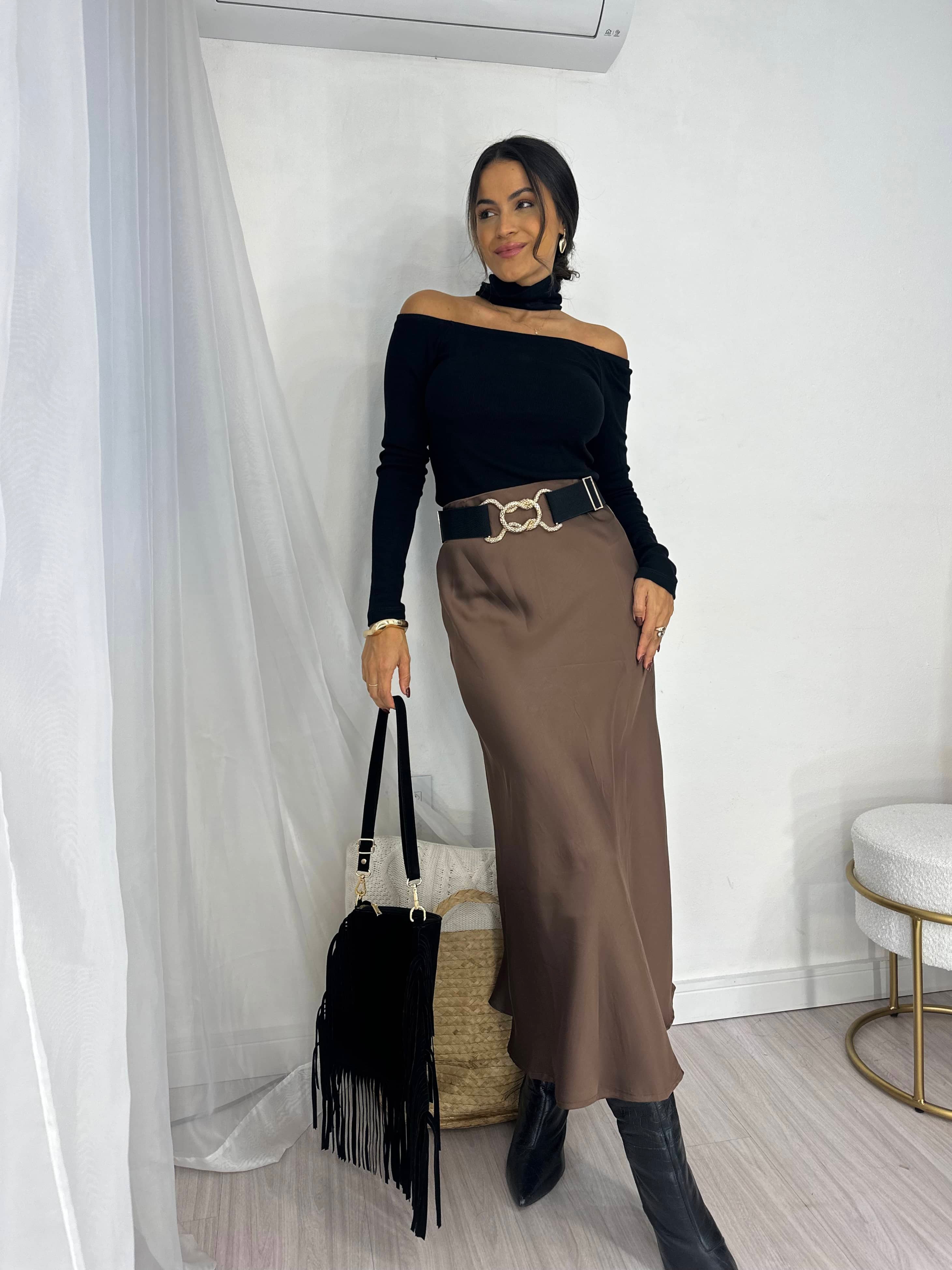 Saia Midi Acetinada Marrom Velma