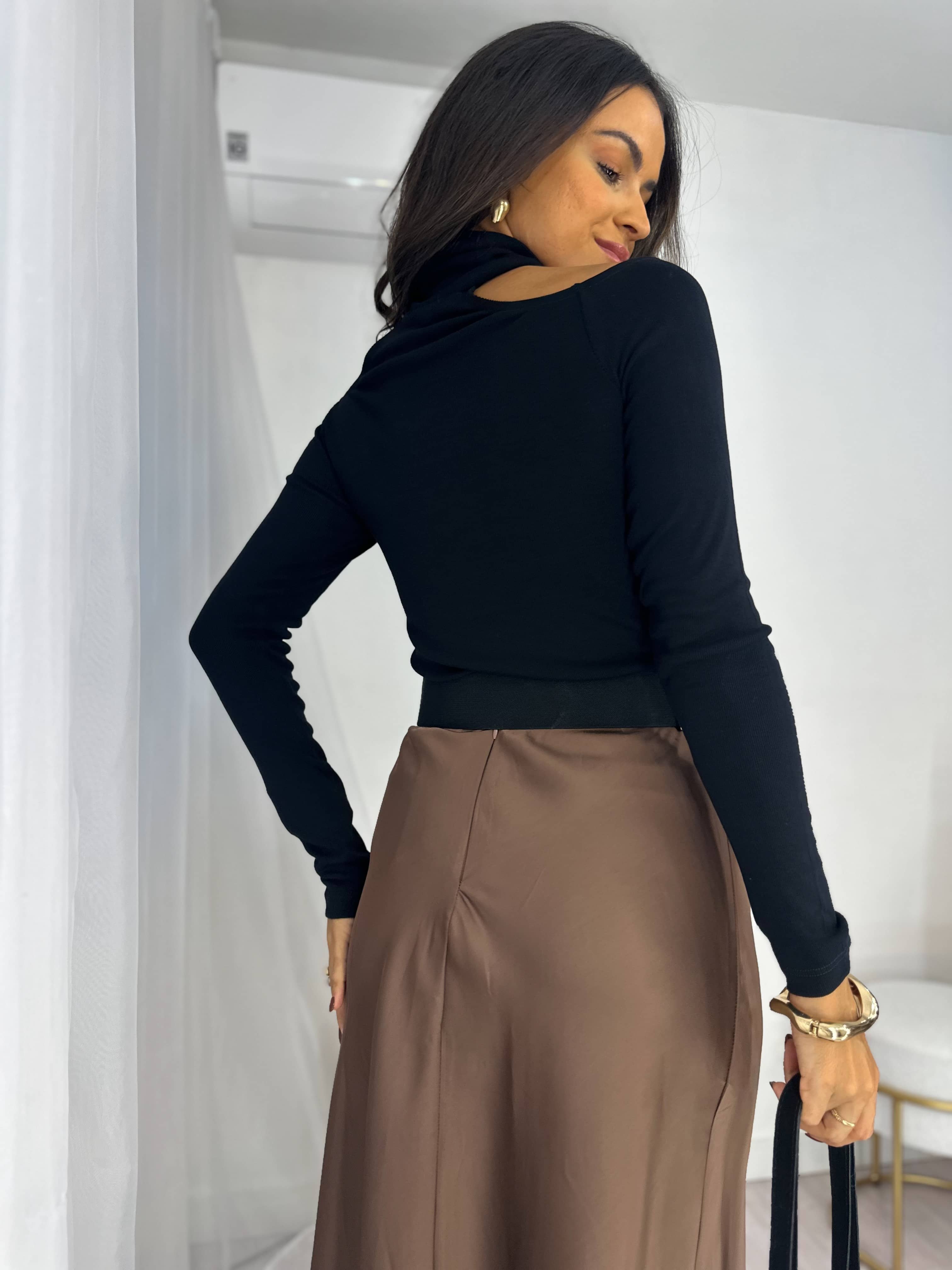 Saia Midi Acetinada Marrom Velma