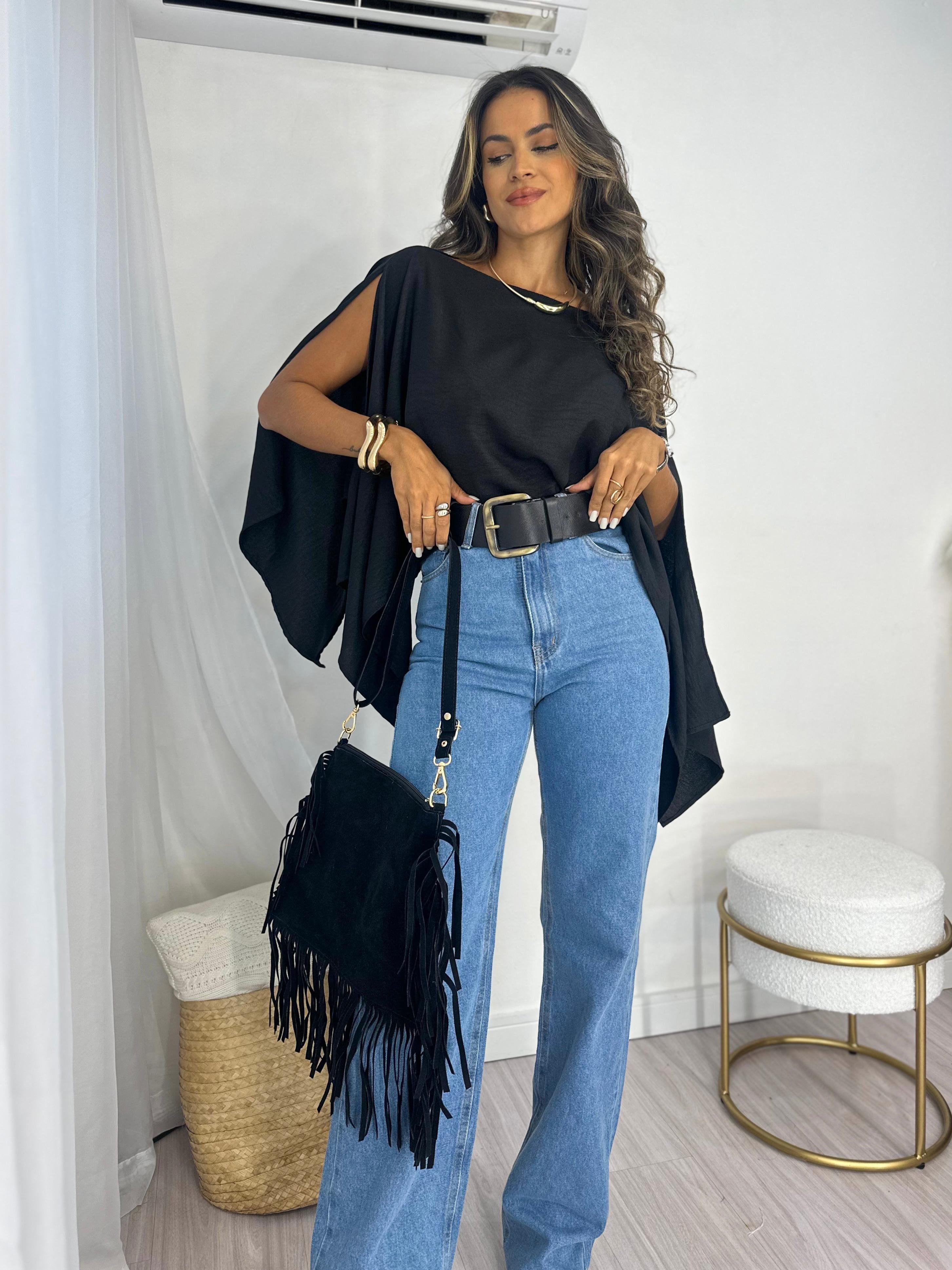 Bolsa Boho Franjas Preta Cloe