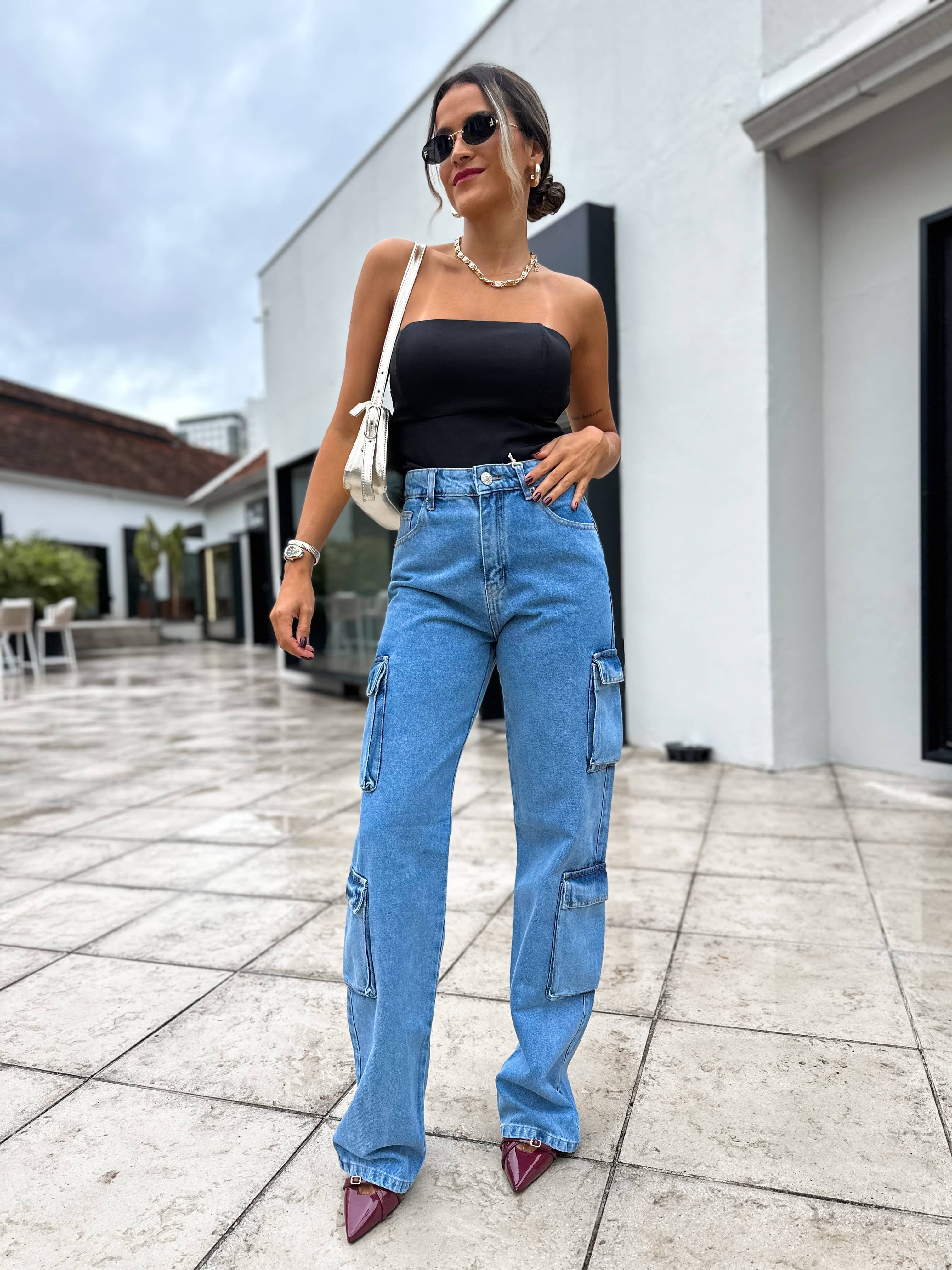 Calça Wide Leg Jeans Cargo Zaya