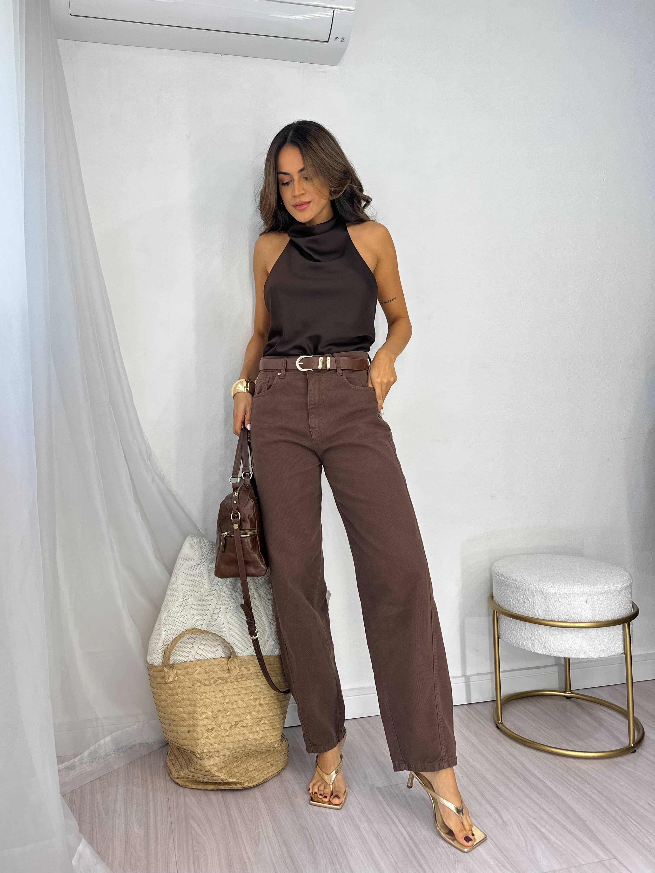 Calça Barrel Jeans Marrom Lyra