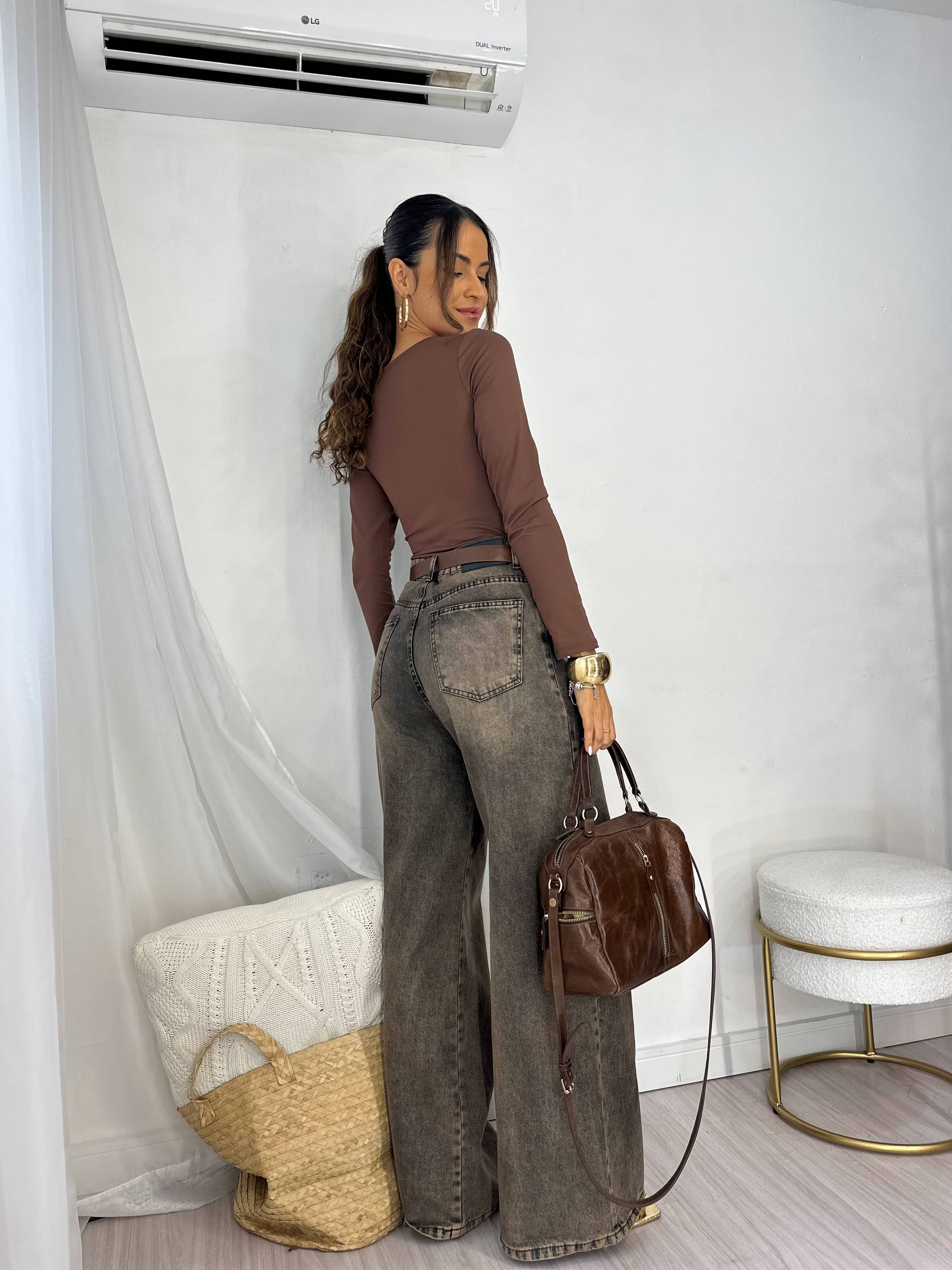 Calça Jeans Wide Leg Marrom Estonado Kelly