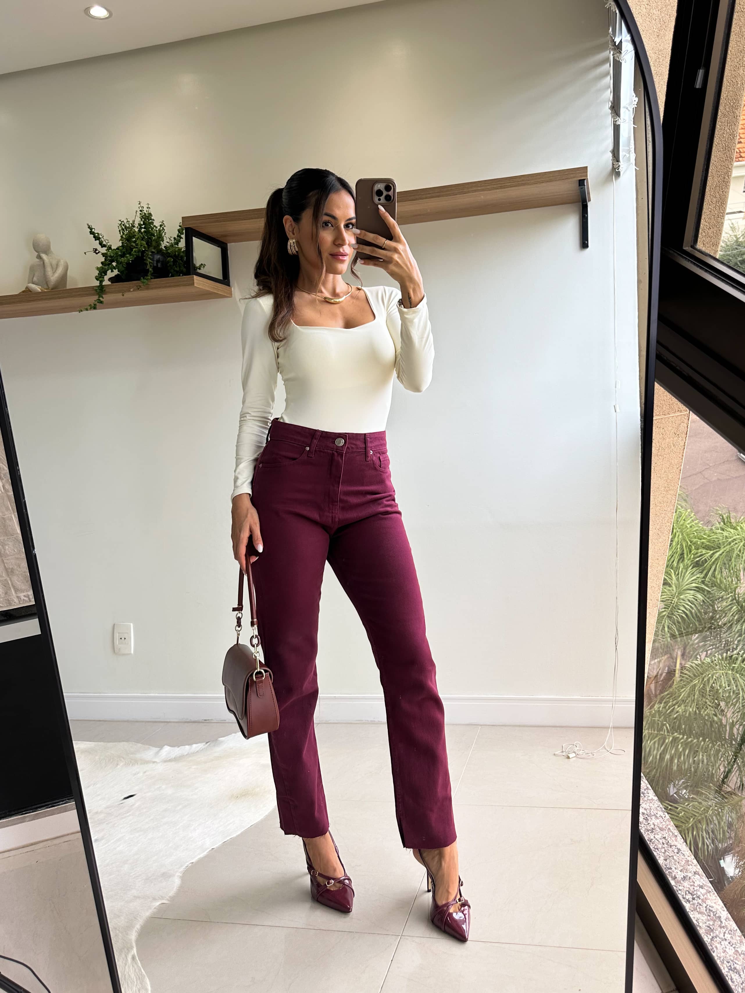 Calça Reta Jeans Mily Vinho