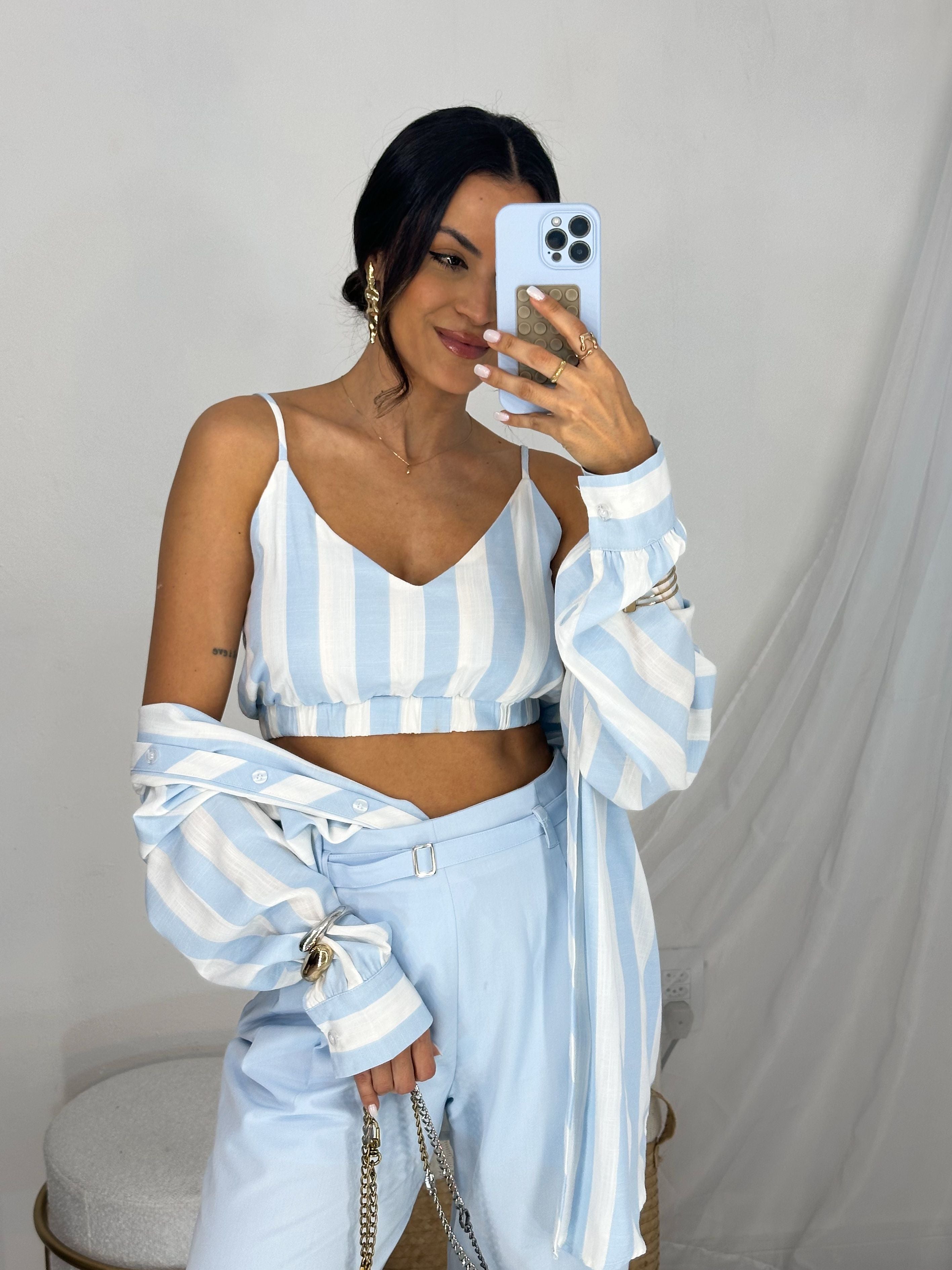 Conjunto Camisa e Cropped Rany Azul