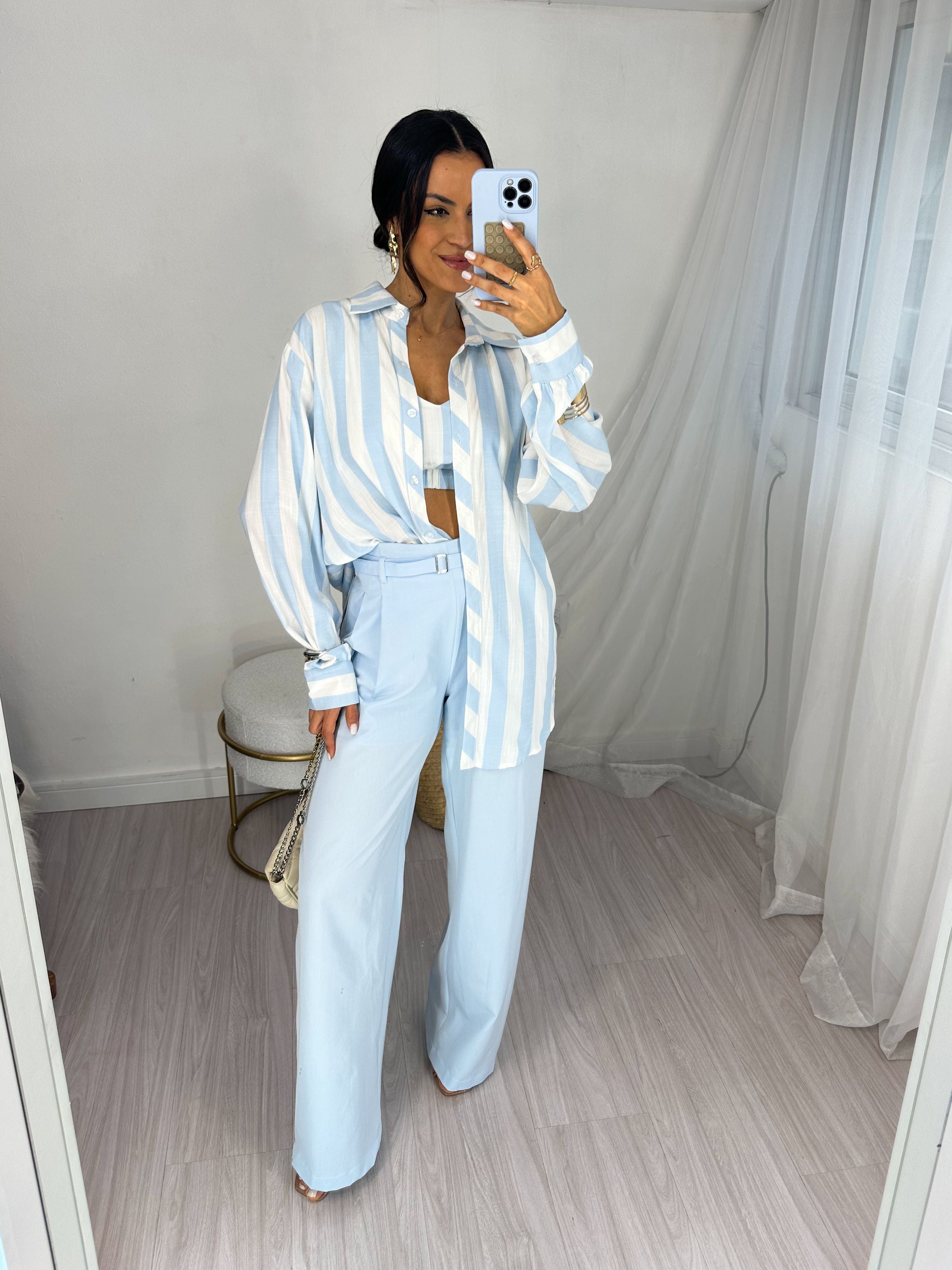 Conjunto Camisa e Cropped Rany Azul