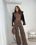 Calça Wide Leg Cós Transversal Marrom Maju