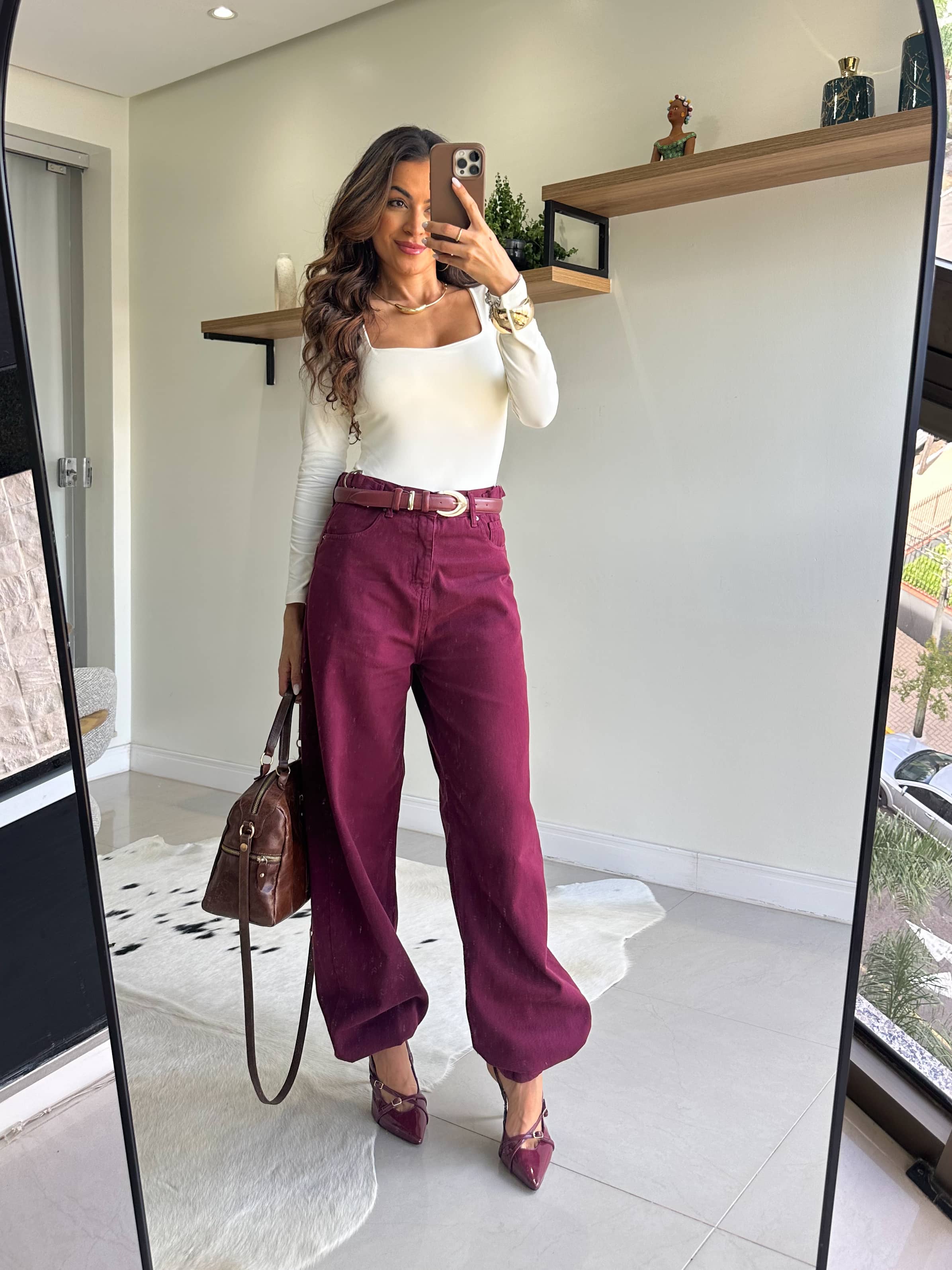 Calça Wide Leg Jeans Vinho Bel