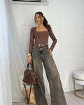Calça Jeans Wide Leg Marrom Estonado Kelly
