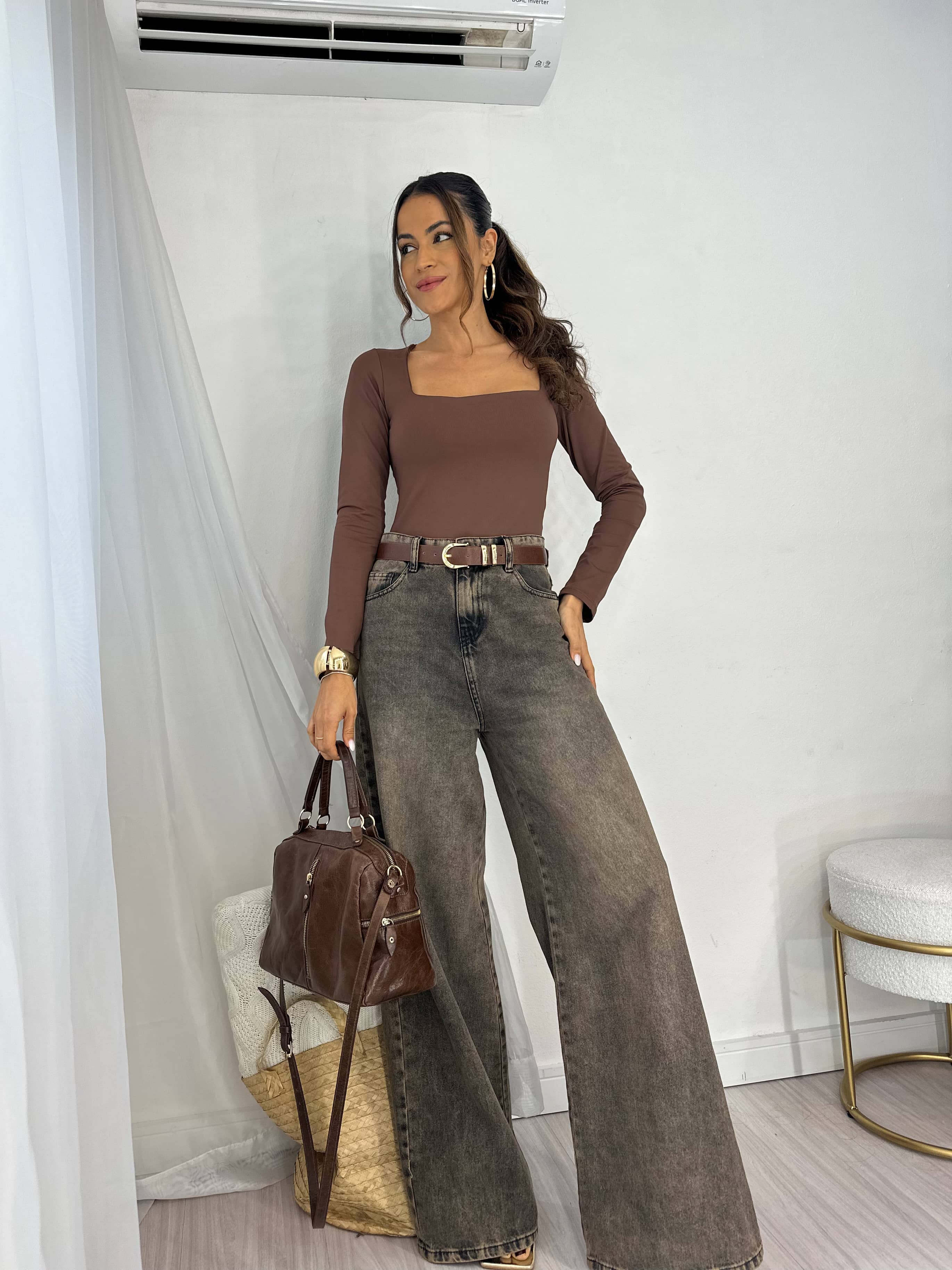 Calça Jeans Wide Leg Marrom Estonado Kelly