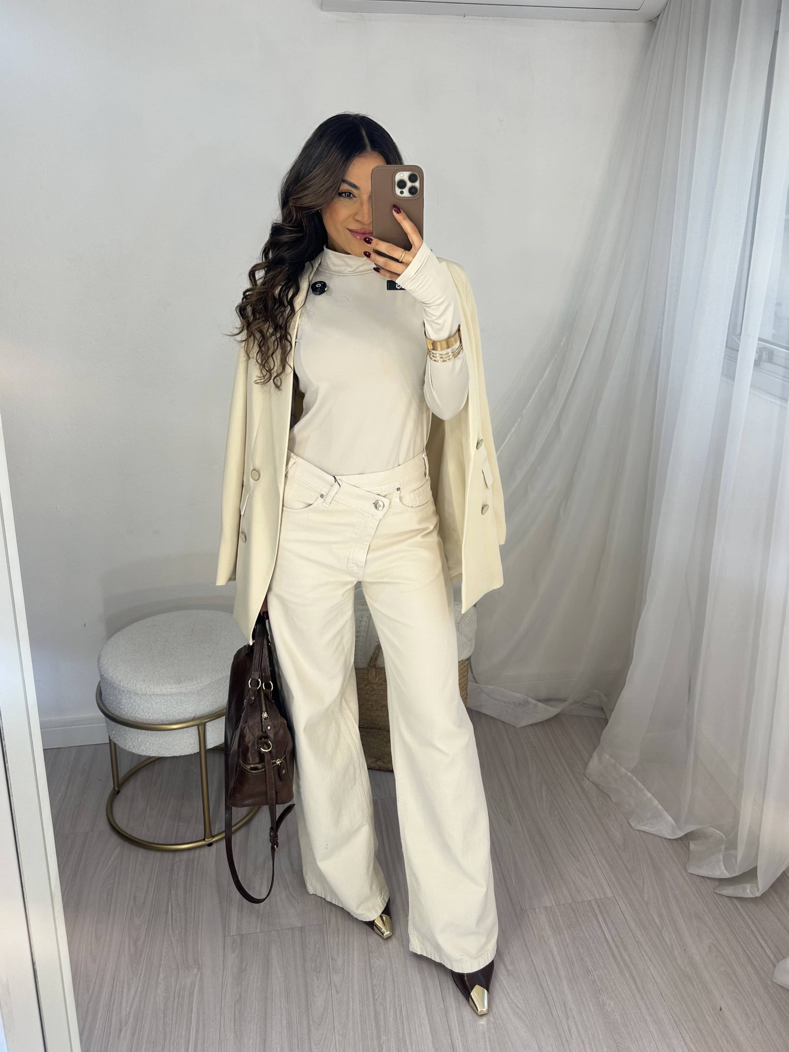 Calça Wide Leg Cós Transversal Areia Maju