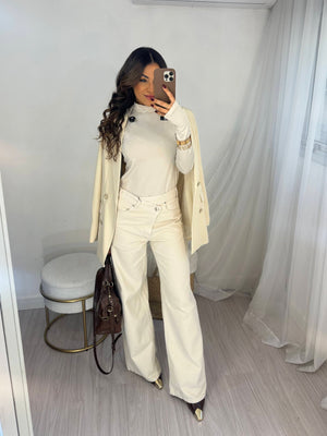 Calça Wide Leg Cós Transversal Areia Maju