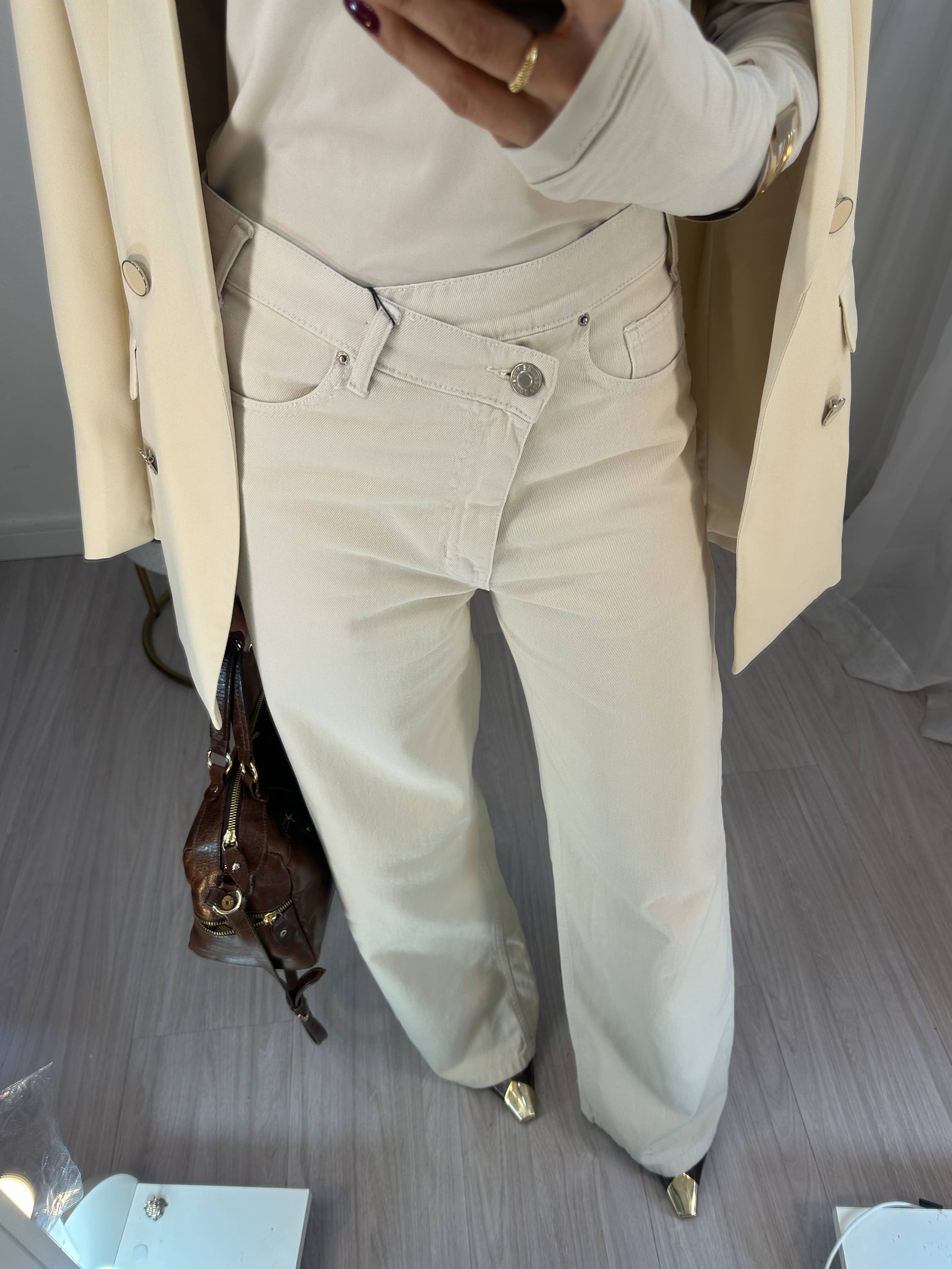 Calça Wide Leg Cós Transversal Areia Maju