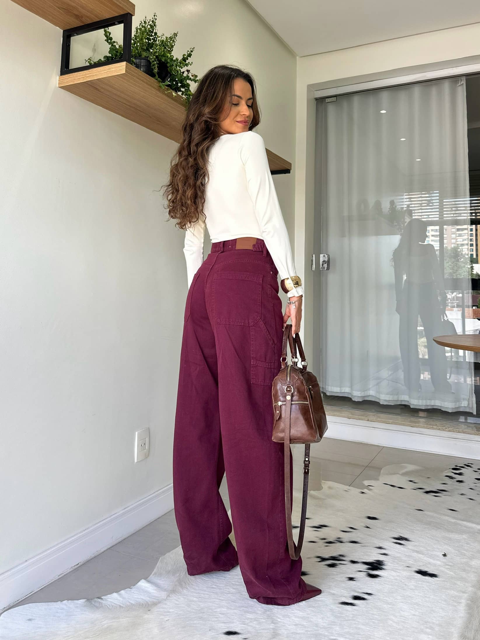 Calça Wide Leg Jeans Vinho Bel