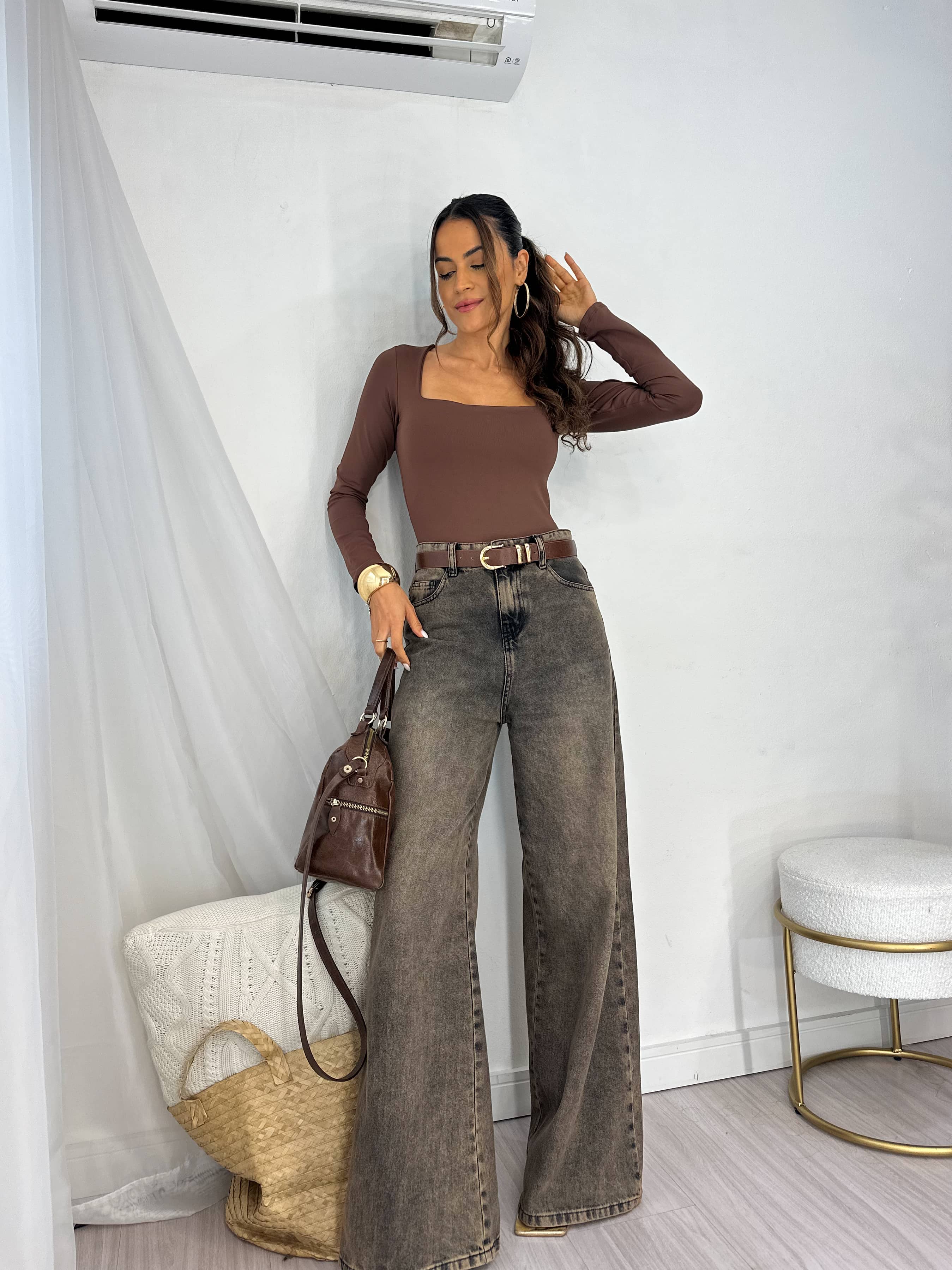 Calça Jeans Wide Leg Marrom Estonado Kelly