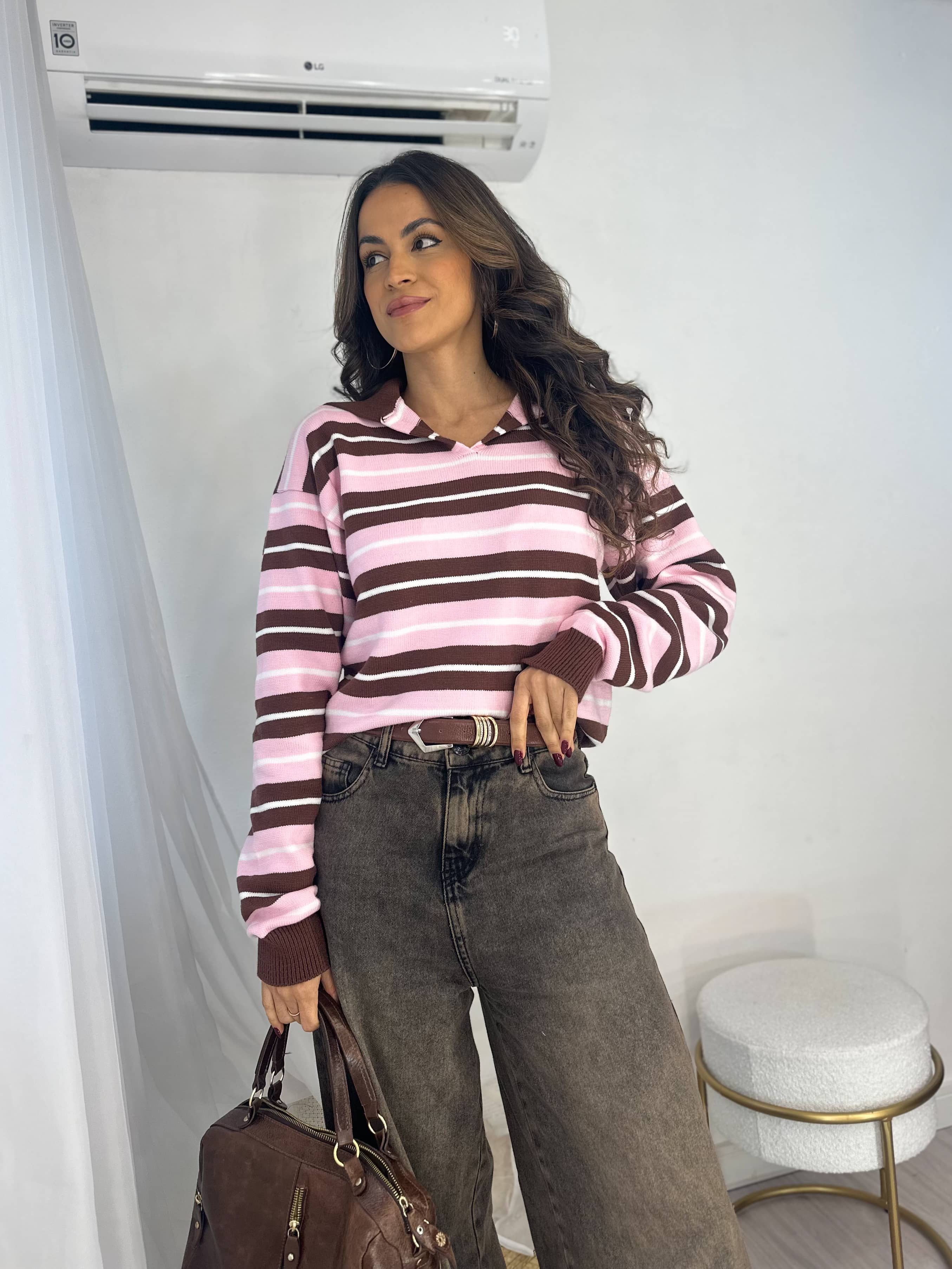 Blusa Listrada Polo Rosa Liz