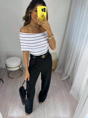 Blusa Ombro a Ombro Curta Listrada Off Bourn