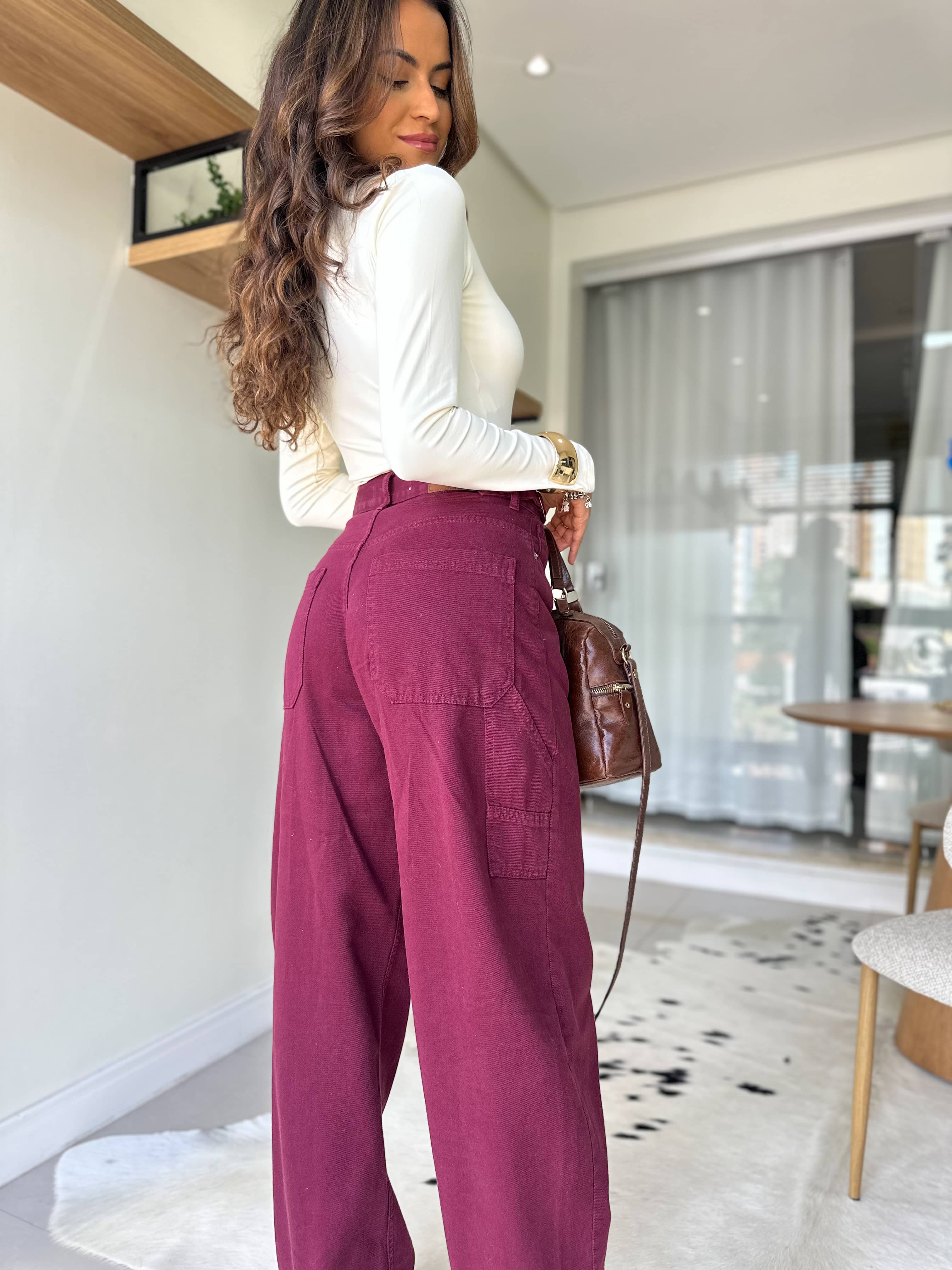 Calça Wide Leg Jeans Vinho Bel