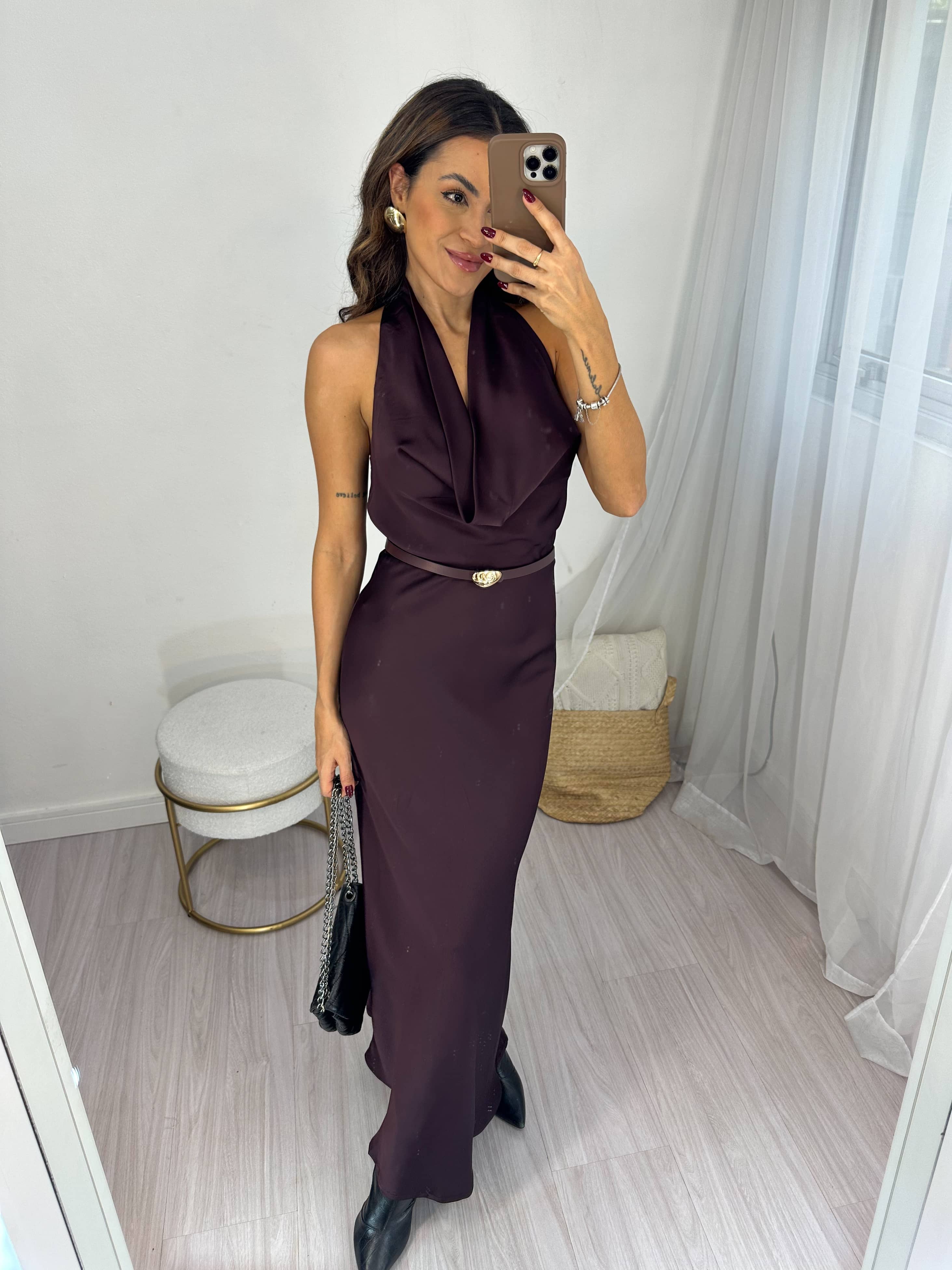 Vestido Midi Acetinado Vinho Maria