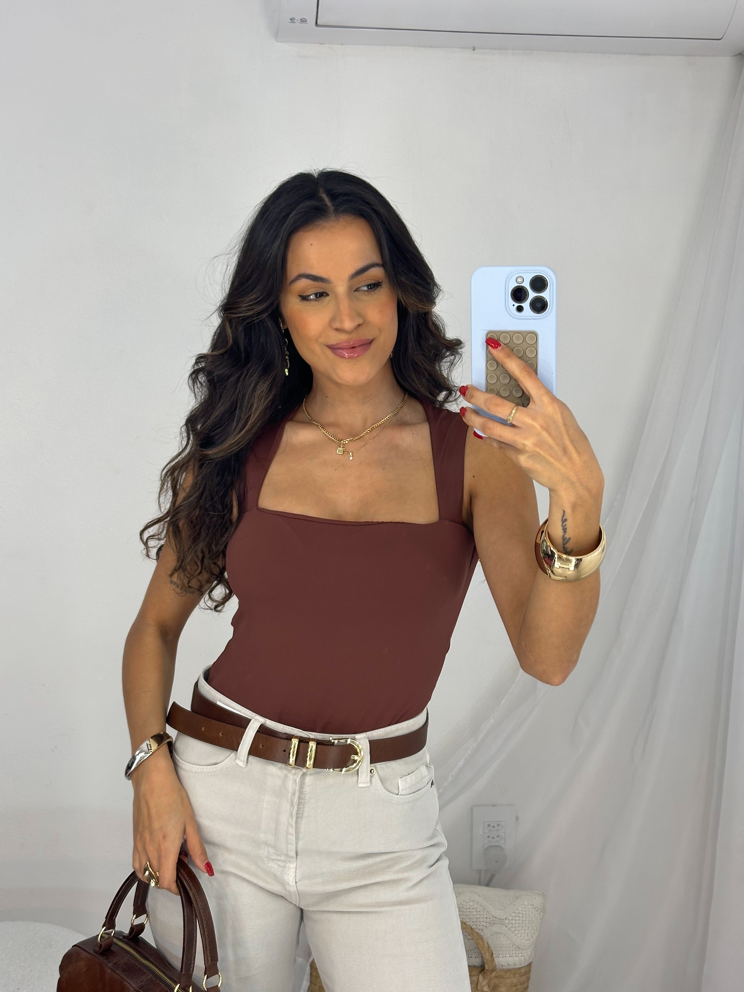 Body Decote Quadrado Marrom Misey