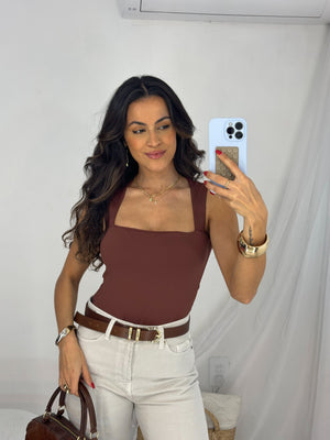 Body Decote Quadrado Marrom Misey