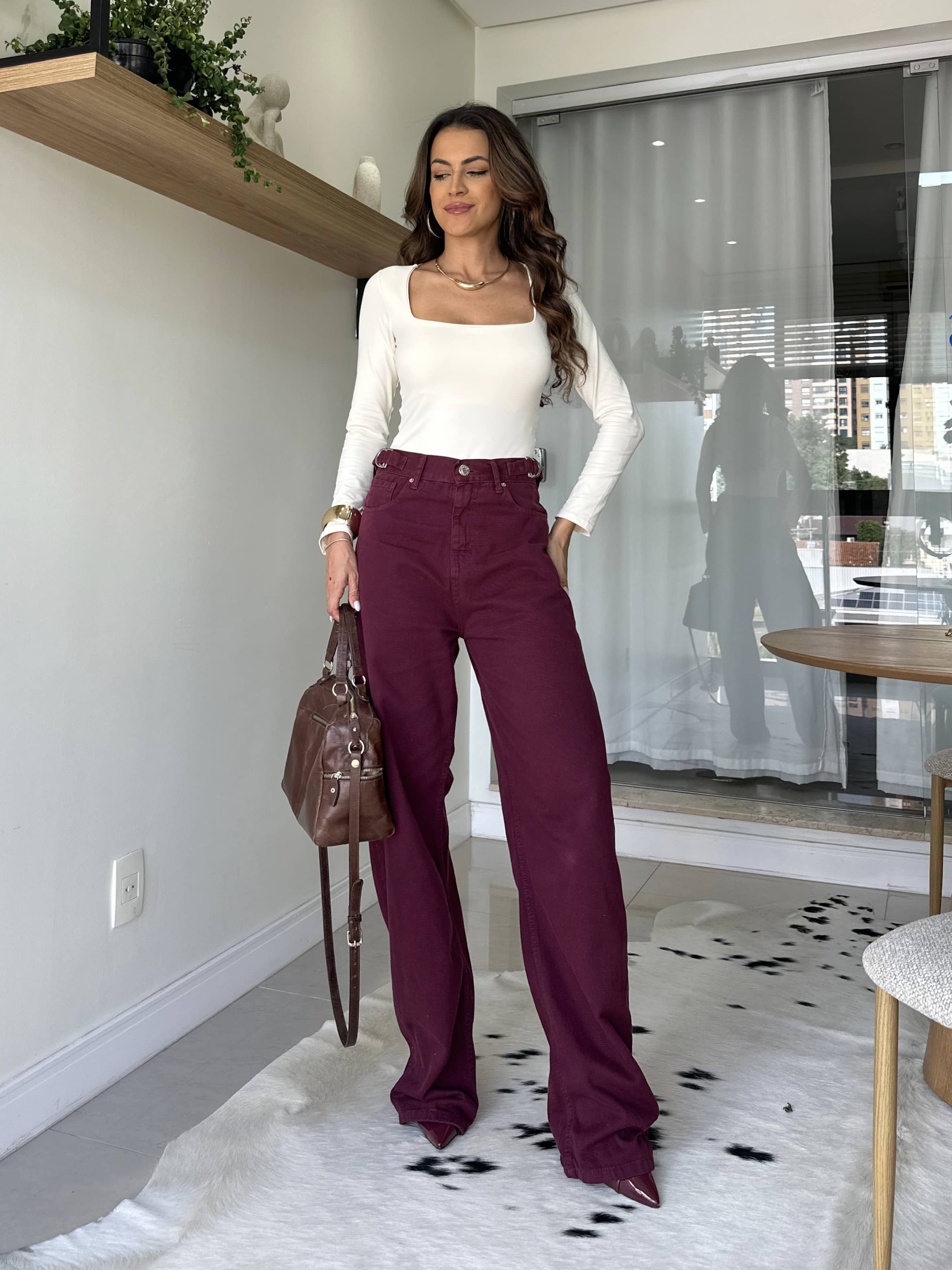 Calça Wide Leg Jeans Vinho Bel