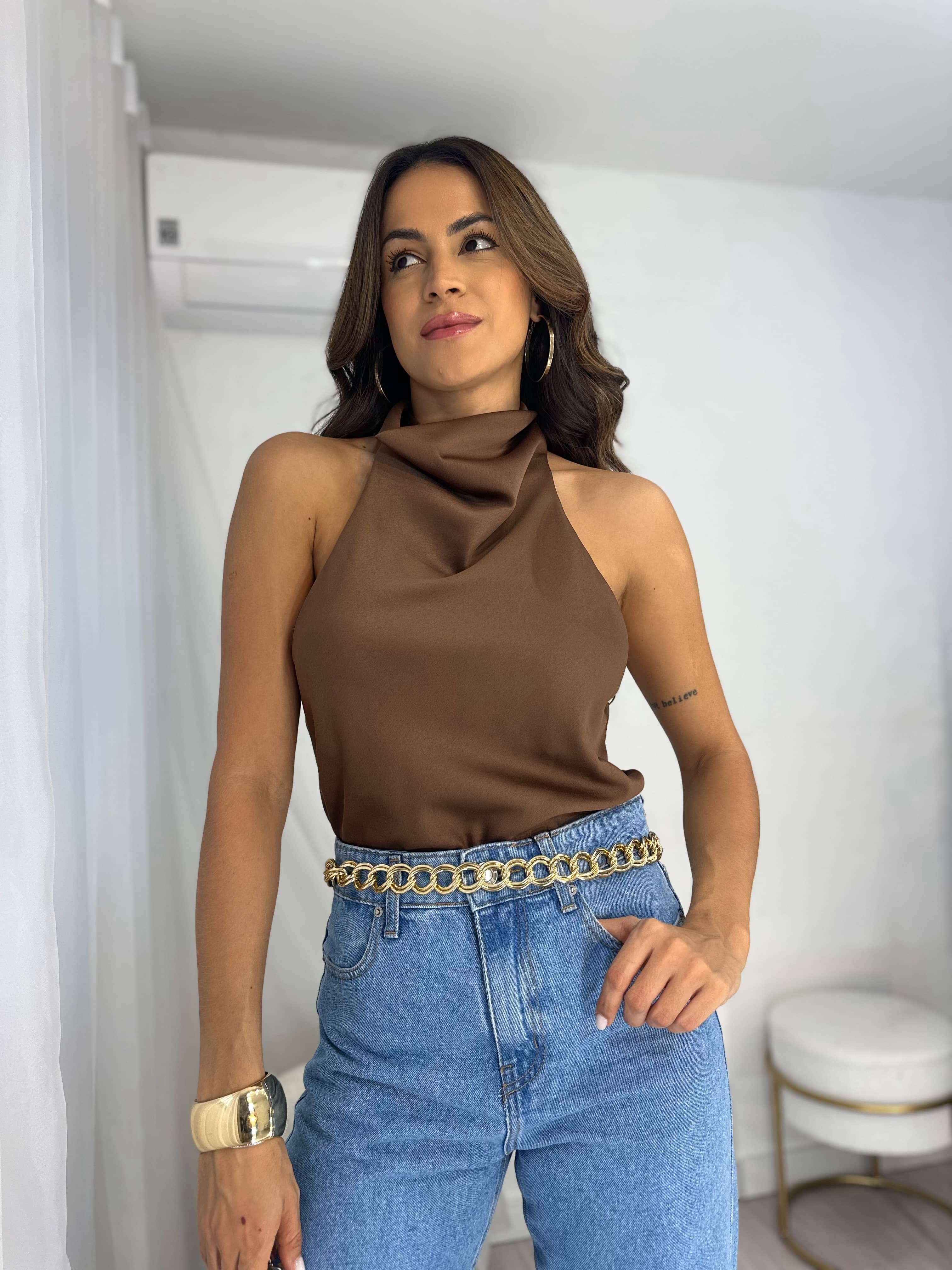Blusa Acetinada Zara Marrom