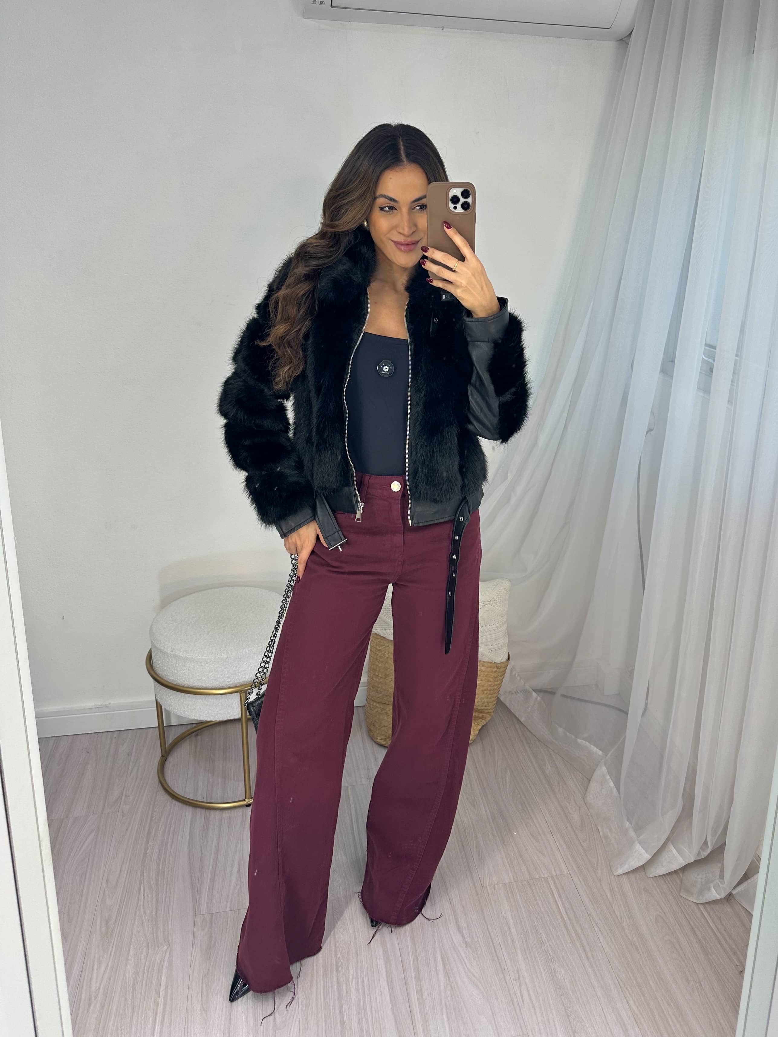 Calça Jeans Wide Leg Vinho Romana