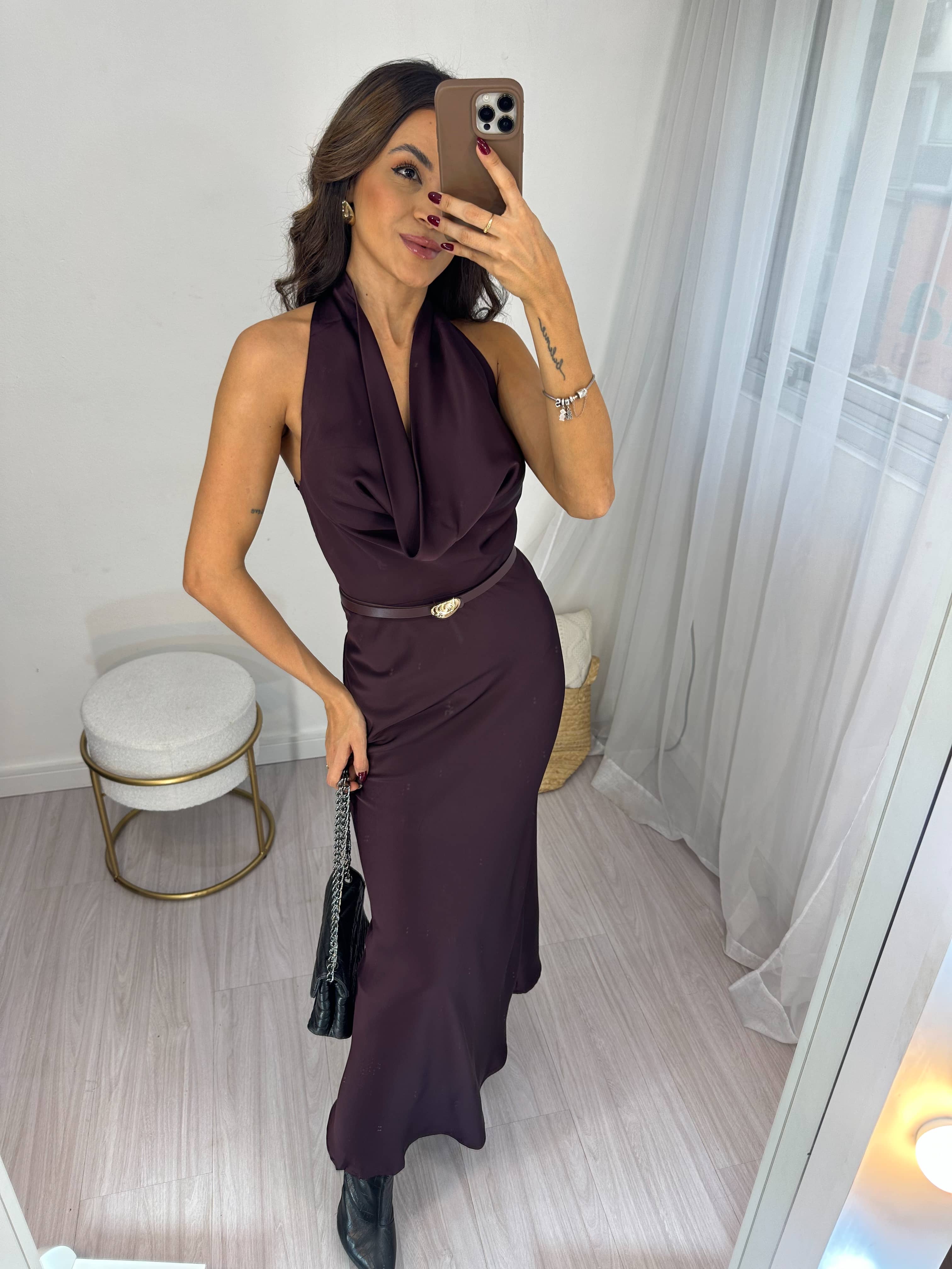Vestido Midi Acetinado Vinho Maria