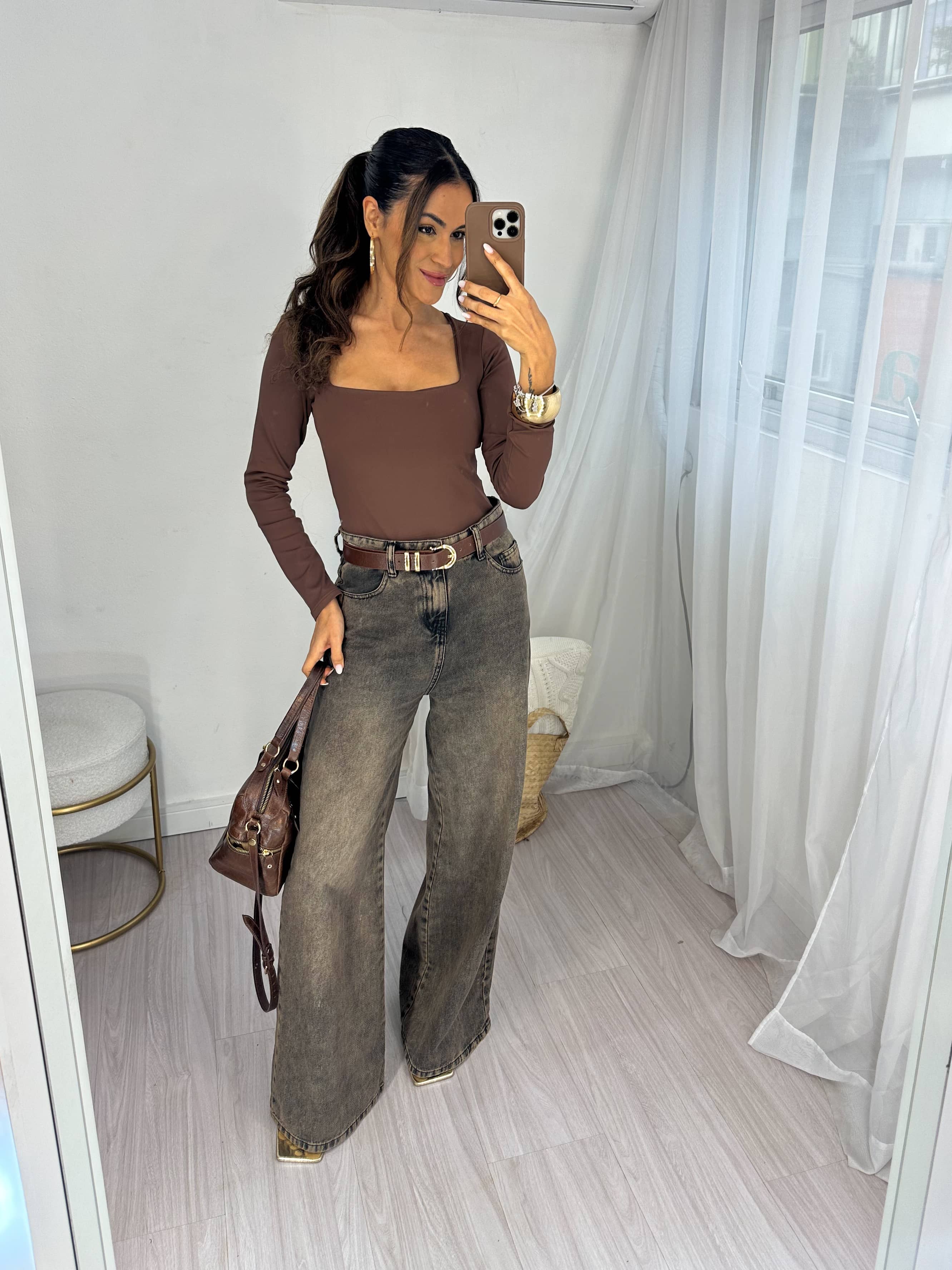 Calça Jeans Wide Leg Marrom Estonado Kelly