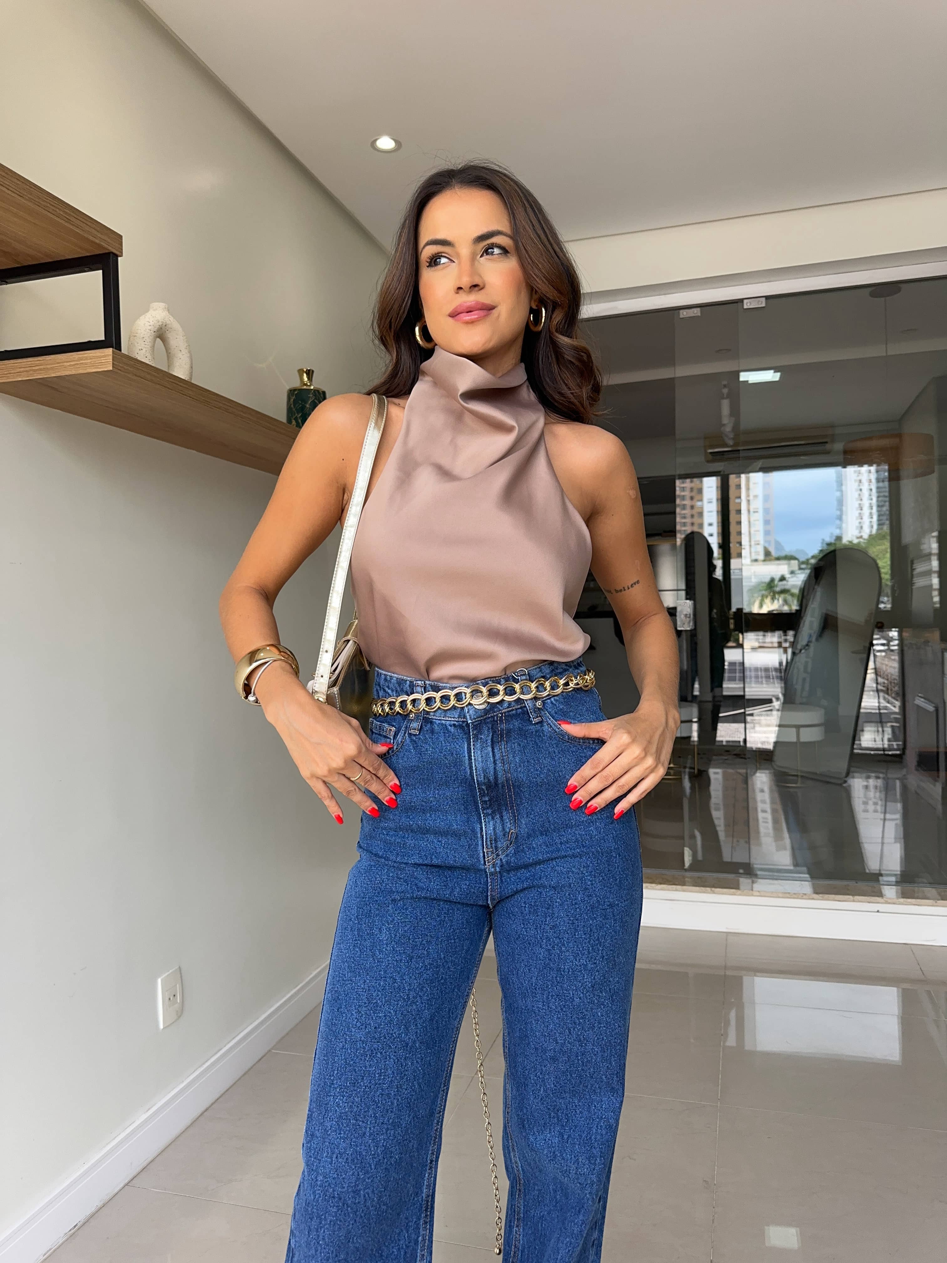 Blusa Nude Acetinada Zara